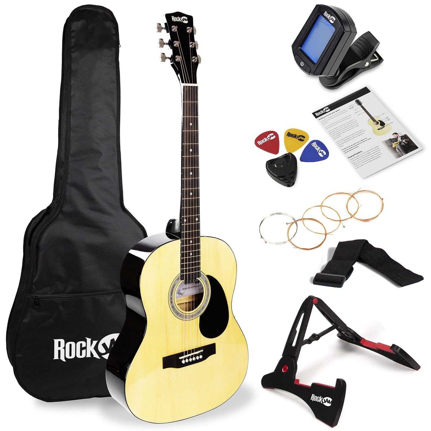 RockJam Acoustic Guitar Superkit Includes Stand, Gig Bag, Tuner, Picks, Plectrum Holder, Spare Strings &amp; Online Lessons 6 Pack, Right, Black, Full (RJW-101-BK-PK)