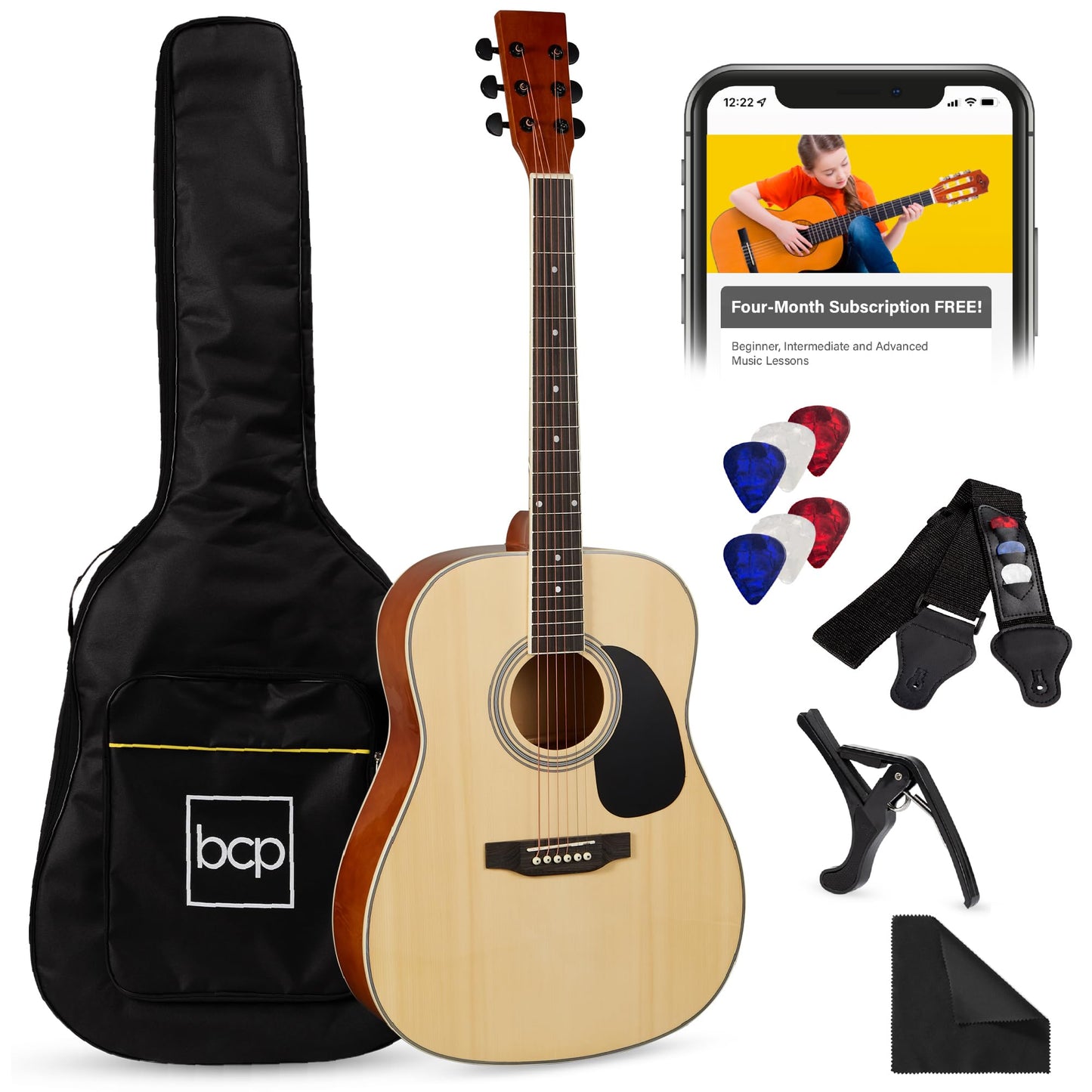 Best Choice Products 41in Full Size Beginner All Wood Acoustic Guitar Starter Set w/Gig Bag, Strap, Capo, Strings, Picks - Black