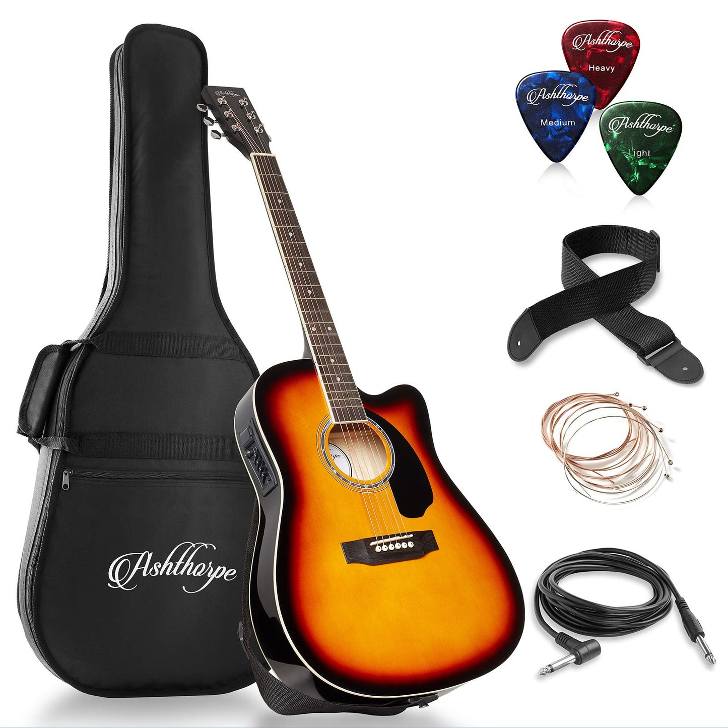 Ashthorpe Full-Size Cutaway Thinline Acoustic-Electric Guitar Package - Premium Tonewoods - Black