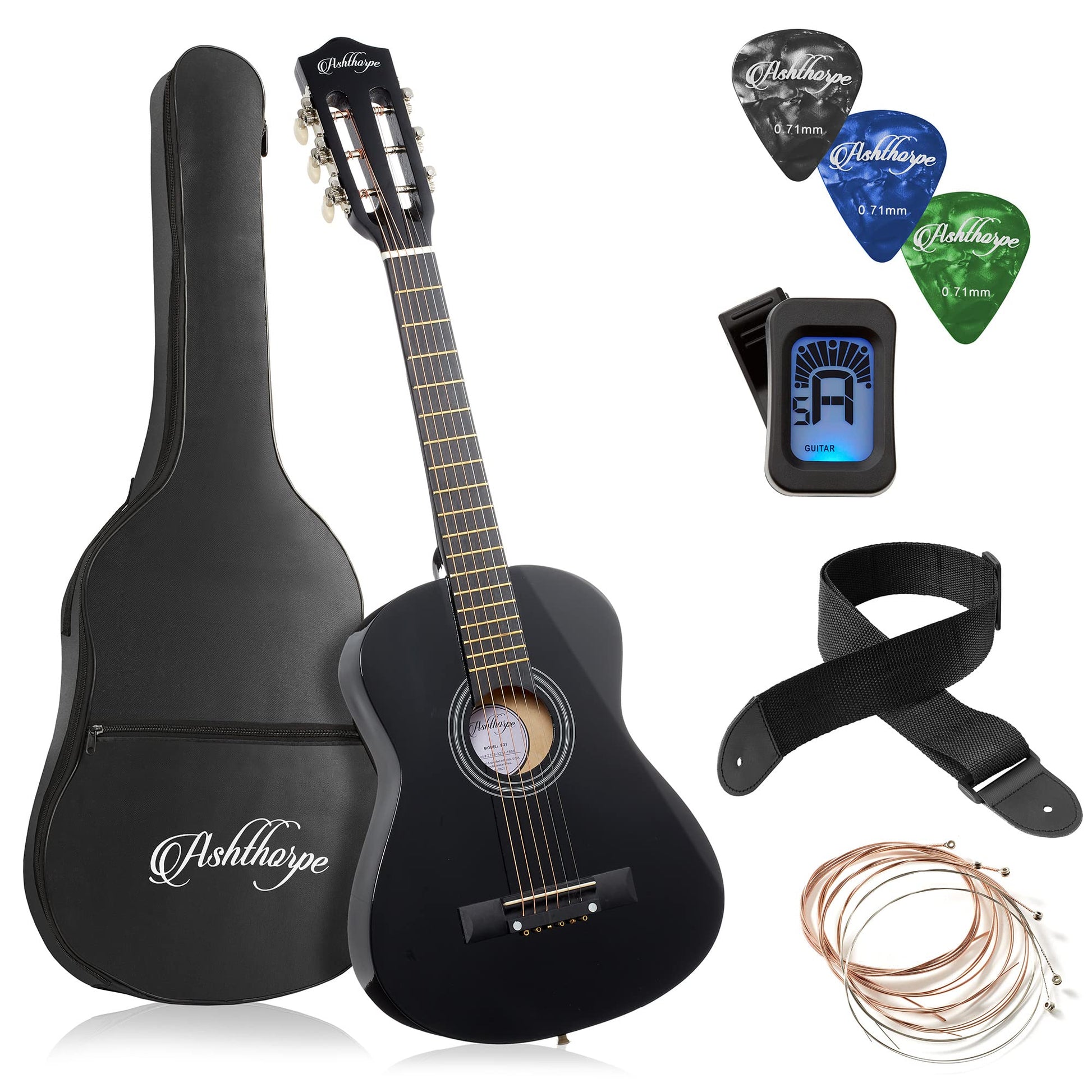 Ashthorpe 30-inch Beginner Acoustic Guitar Package (Black), Basic Starter Kit w/Gig Bag, Strings, Strap, Tuner, Picks