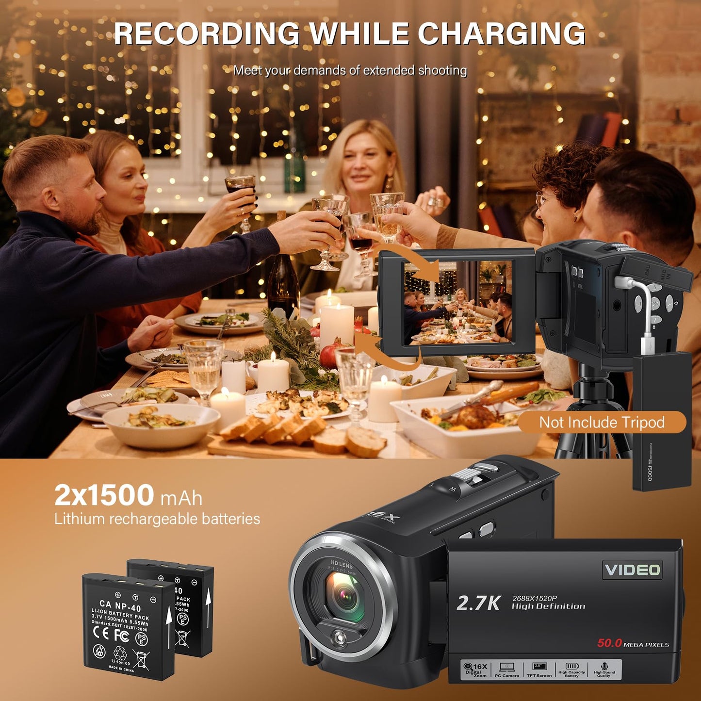 Video Camera Camcorder, QHD 2.7K Camcorder 50MP 16X Digital Video Camera for YouTube, 2.8'' 270 Degree Rotation Screen Video Recorder Vlogging Camera with 32GB Card and Two Batteries