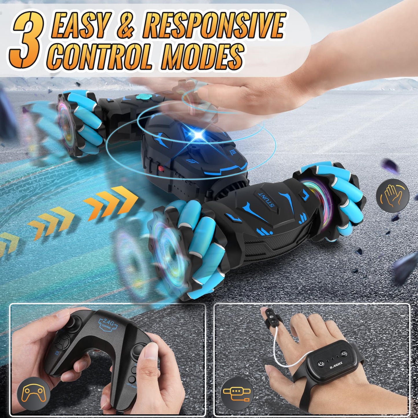 Pristar RC Car Toys for Boys Girls 6-12, Gesture Sensing RC Stunt Car 2.4Ghz 4WD Remote Control Car with Lights Music Double Sided Flip 360° Rotate Off-Road, Birthday Xmas Gifts for Kids Aged 6-12