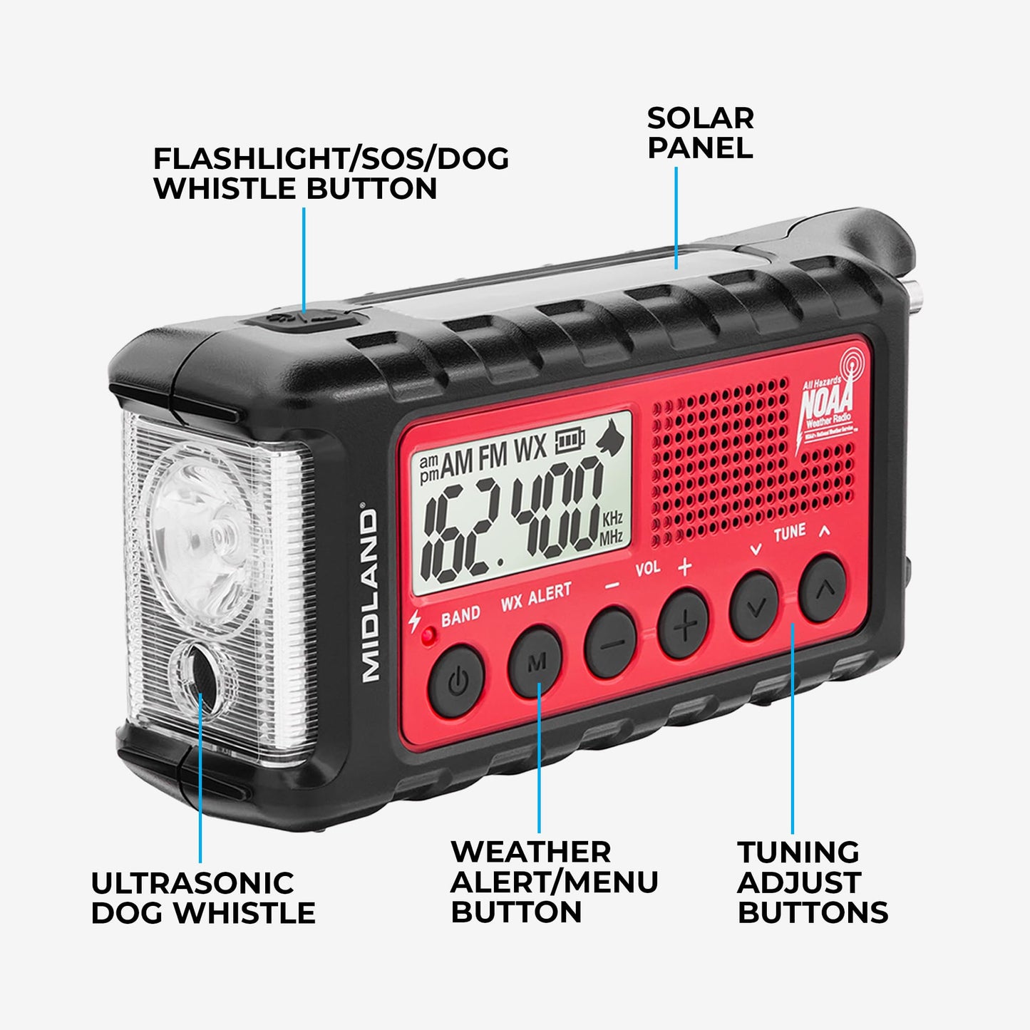 Midland - ER310, Emergency Crank Weather AM/FM Radio - Multiple Power Sources, SOS Emergency Flashlight, Ultrasonic Dog Whistle, &amp; NOAA Weather Scan + Alert (Red/Black)