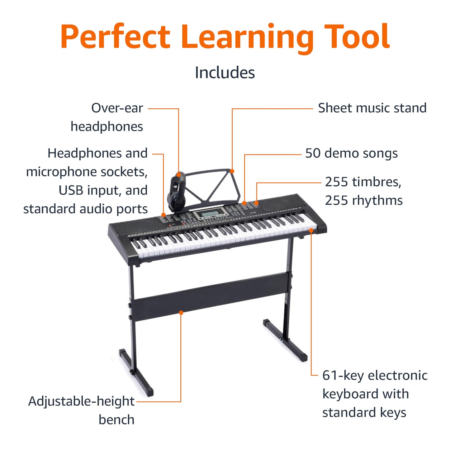 Amazon Basics Electric Keyboard Piano with 61 Keys, Built-in Speakers, Songs for Learning, Black