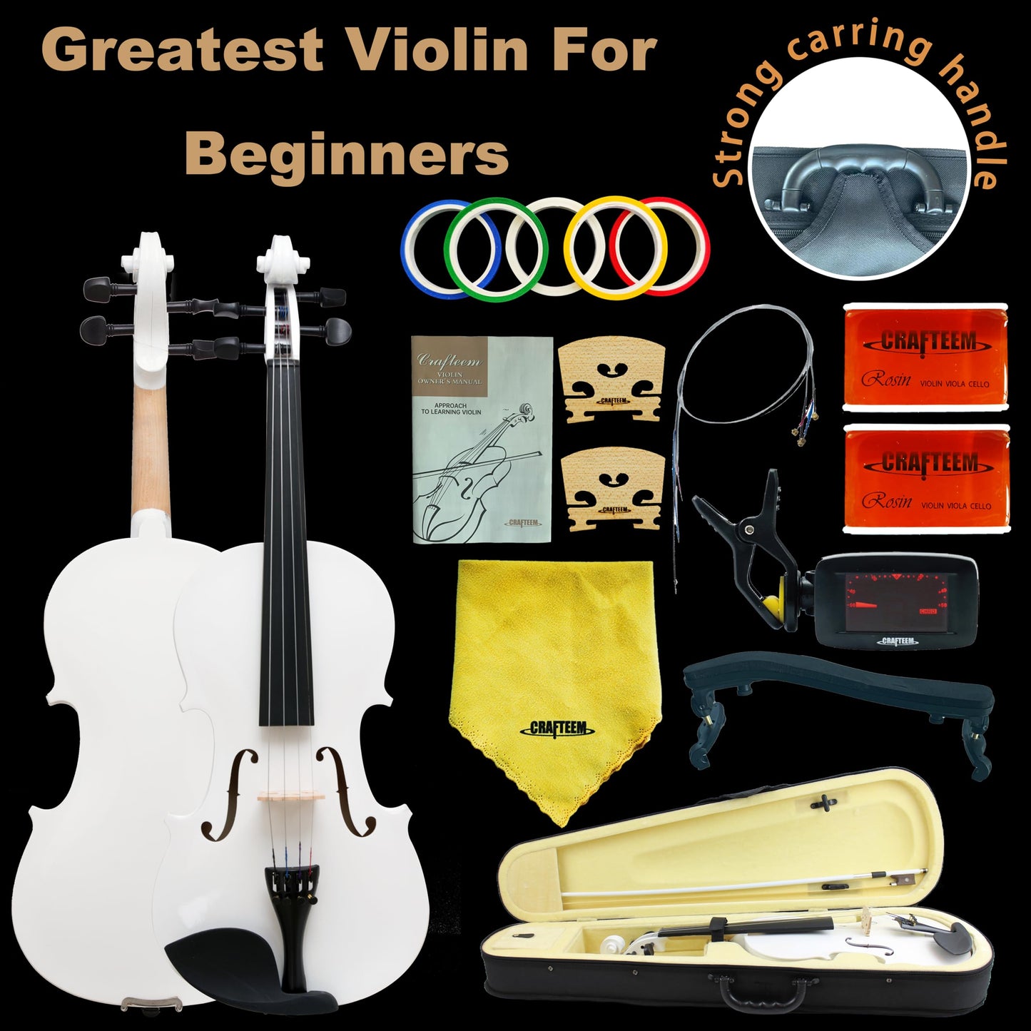 1/2 Fiddle Black Colored Premium Violin Outfit for Beginners Adults Kids With 5 Color Fingering Tape- Handcrafted Student Beginner Violin.(Black, 1/2)