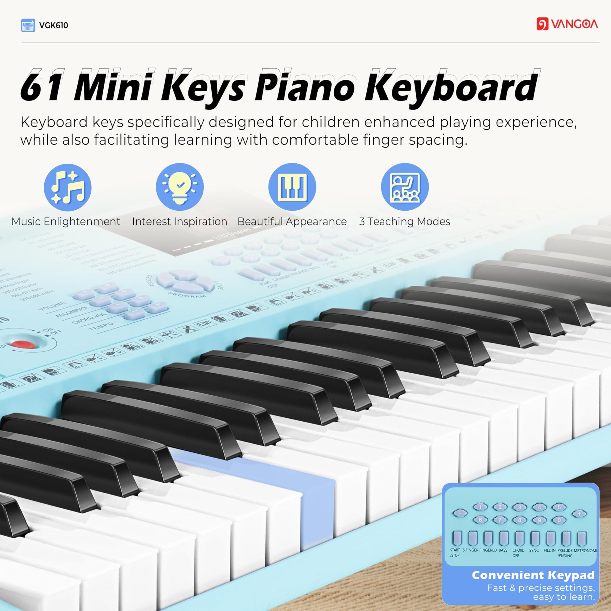 Vangoa 61-Key Light-Up Keyboard Piano for Beginners, 350 Tones &amp; Timbres, 3 Teaching Modes, With Microphone, Black