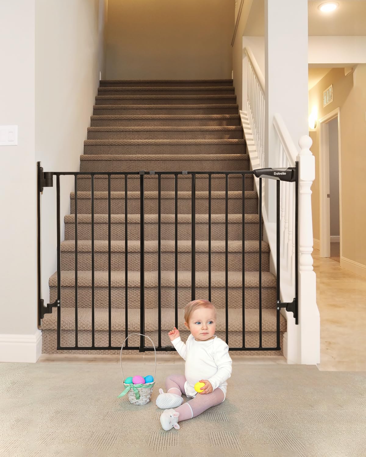 Babelio 26-43" No Bottom Bar Baby Gate for Babies, Elders and Pets, 2-in-1 Hardware Mount Dog Gate for The House, Stairs and Doorways, with Large Walk Thru Door, Black