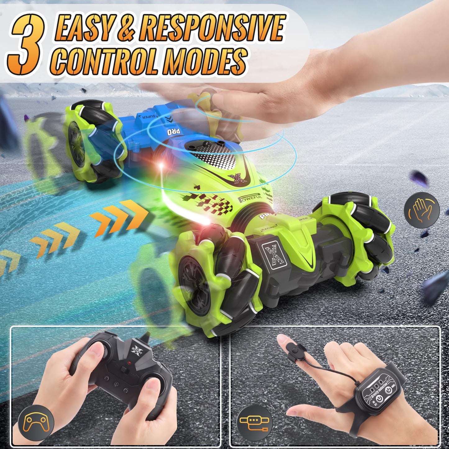 Pristar RC Car Toys for Boys Girls 6-12, Gesture Sensing RC Stunt Car 2.4Ghz 4WD Remote Control Car with Lights Music Double Sided Flip 360° Rotate Off-Road, Birthday Xmas Gifts for Kids Aged 6-12