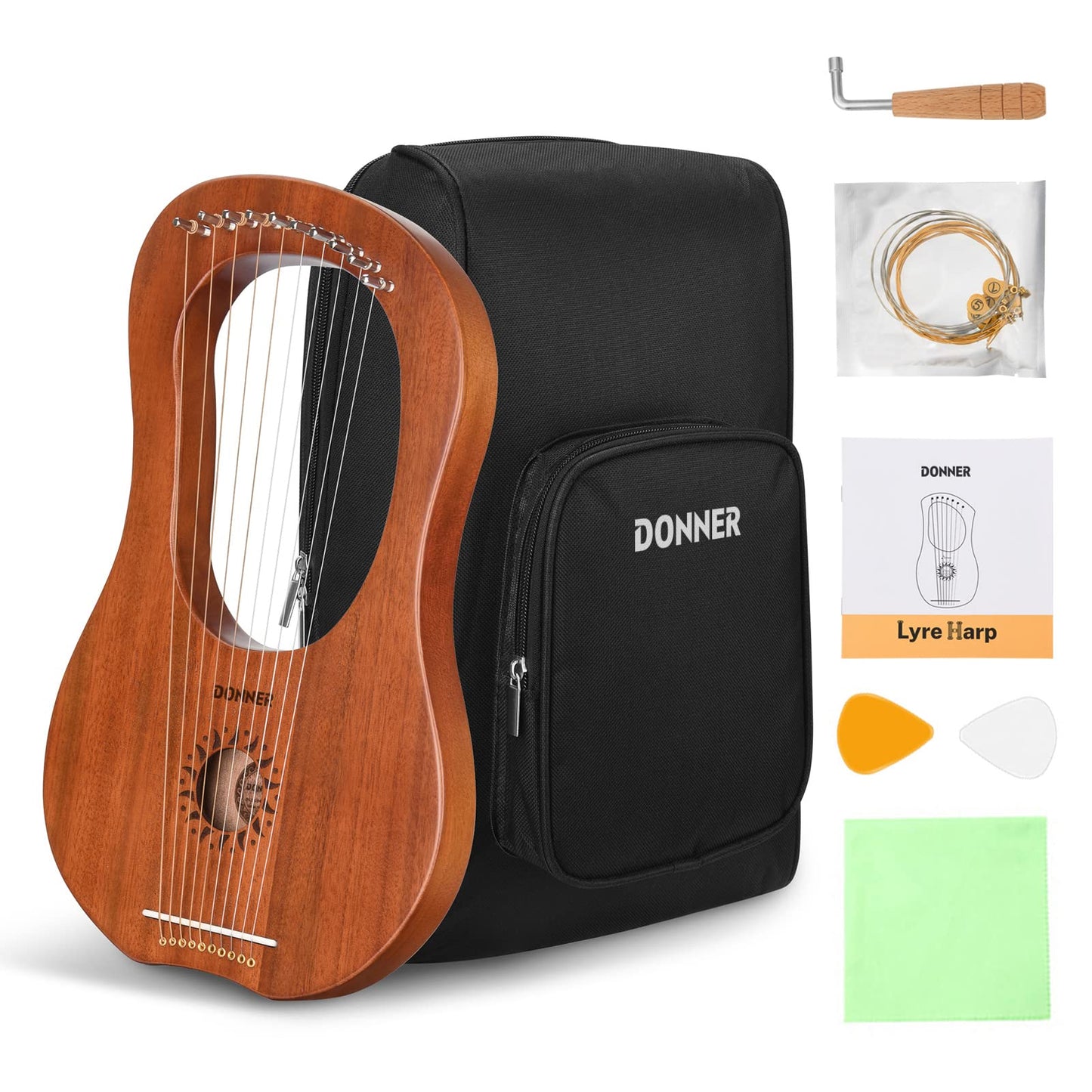 Donner Lyre Harp, 7 Metal Strings, Mahogany Body and Bone Saddle DLH-001 Lyre Harp for Beginner Kids with Tuning Wrench, Spare String Set, Black Gig Bag, Manual, Ancient Greece Style