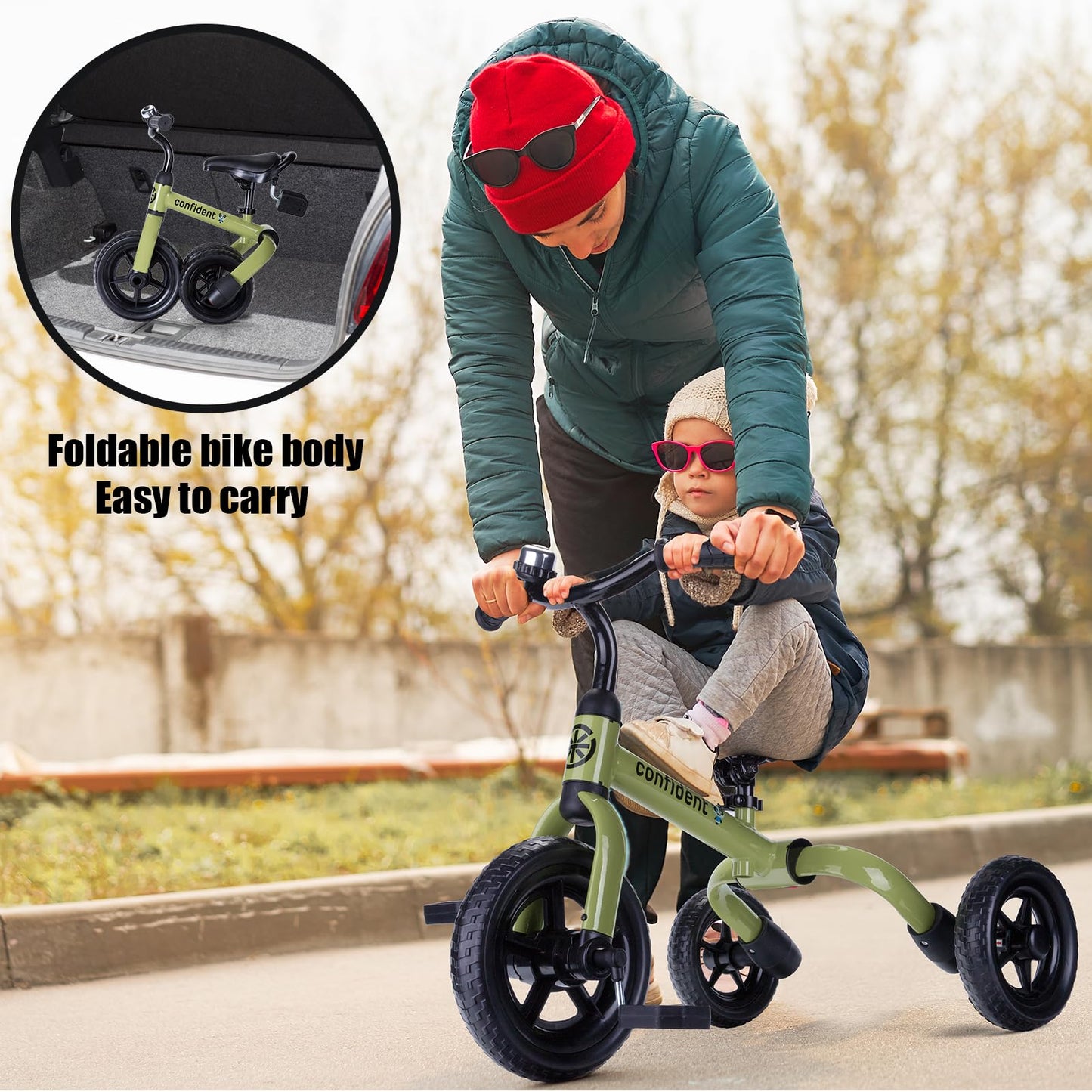 YGJT 3 in 1 Tricycle for Toddlers Age 2-5 Years Old, Folding Kids Balance Bike with Adjustable Seat and Removable Pedal, Toddler Bike Ride-on Toys for Infant, Gifts for Baby Boys Girls(Army Green)