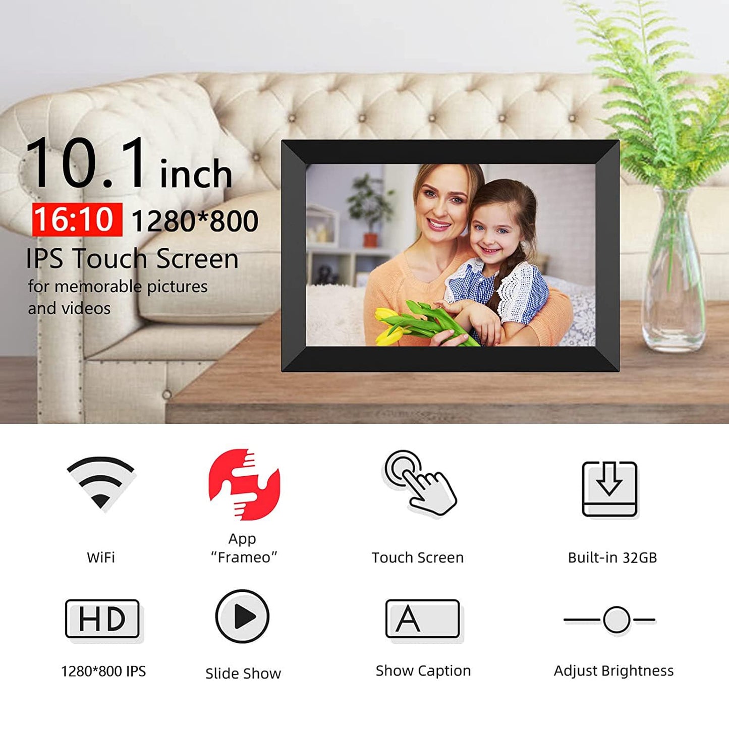 FRAMEO Digital Photo Frame, 10.1 Inch WiFi Digital Picture Frame with 1280x800 IPS HD Touch Screen, 32GB Storage Auto-Rotate Wall Mountable Easy Share Photos or Videos via Frameo App from Anywhere