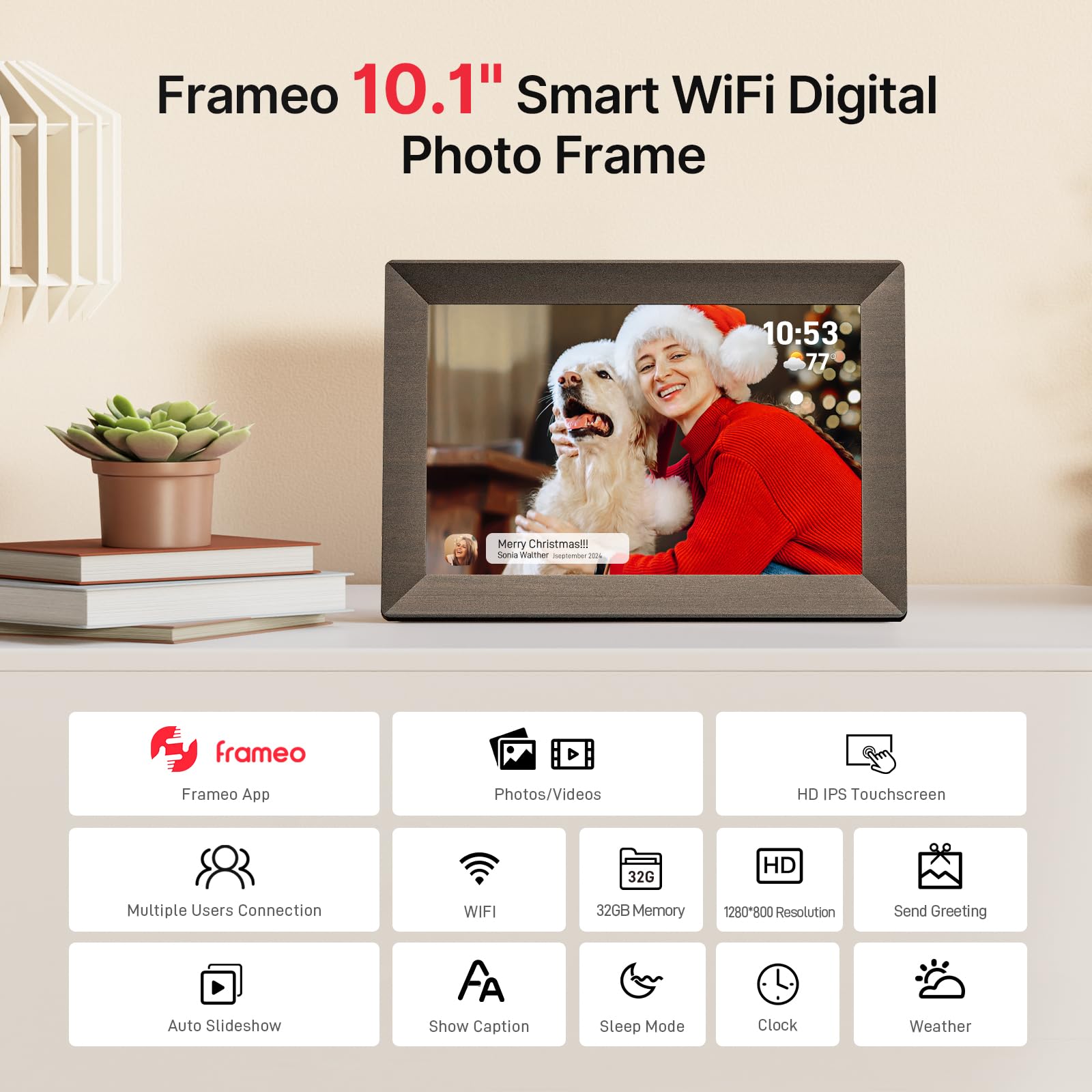 Frameo 10.1 Inch WiFi Digital Picture Frame, Smart Cloud Electronic Photo Frame with HD IPS Touch Screen Slideshow 32GB Memory Auto-Rotate Wall Mount, Share Photos/Videos from Phone by Frameo App