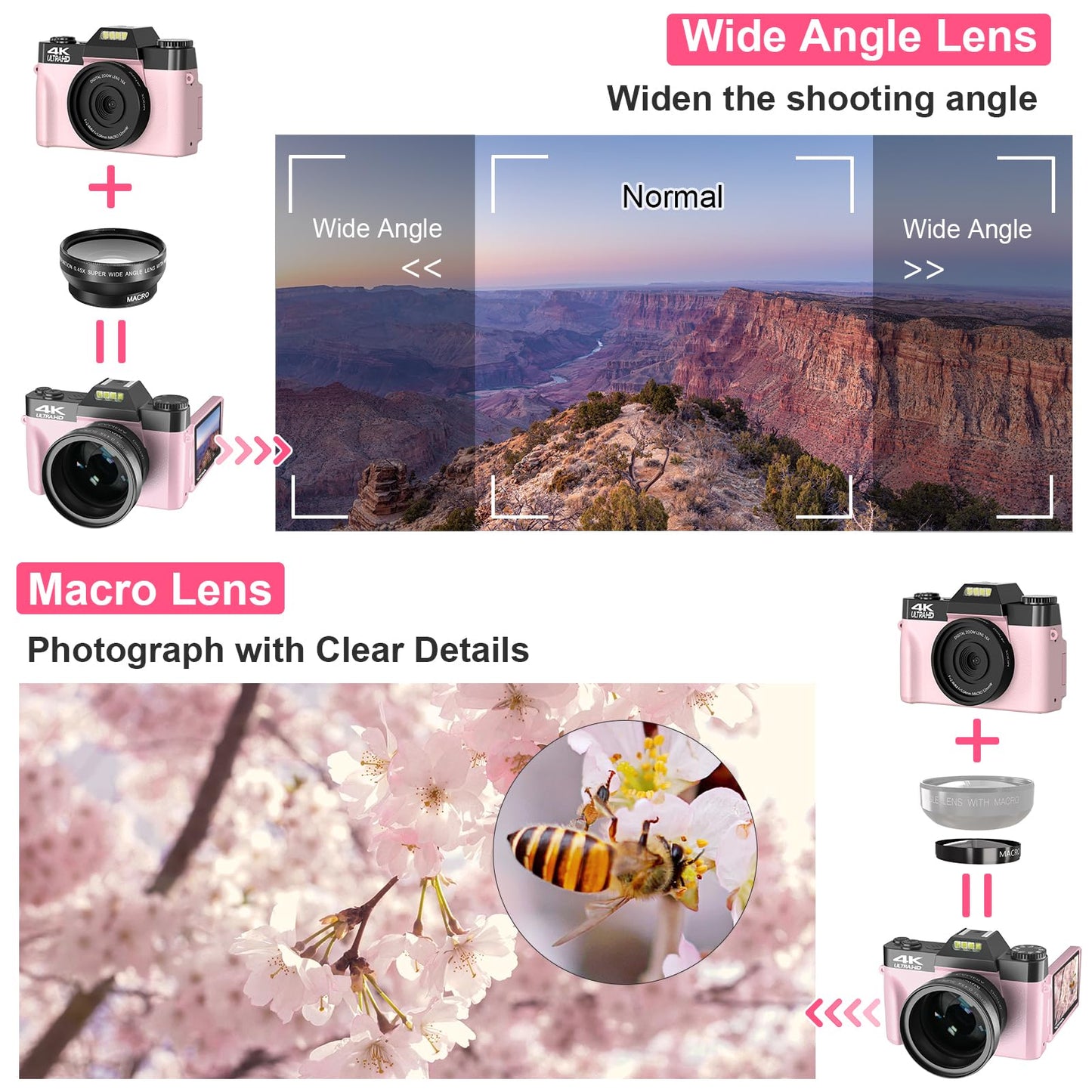 VETEK Digital Cameras for Photography, 4K 48MP Vlogging Camera 16X Digital Zoom Manual Focus Students Compact Camera with 52mm Wide-Angle Lens &amp; Macro Lens, 32G Micro Card and 2 Batteries (Pink)