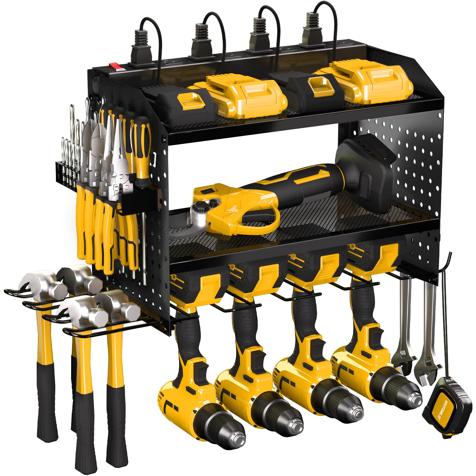 Veitorld Power Tool Organizer with Charging Station, Garage Tool Storage Organizer Built in 8 Outlet Power Strip with Drawers, 6 Drill Holder Wall Mount, Gifts for Men Dad Husband Him Fathers Day