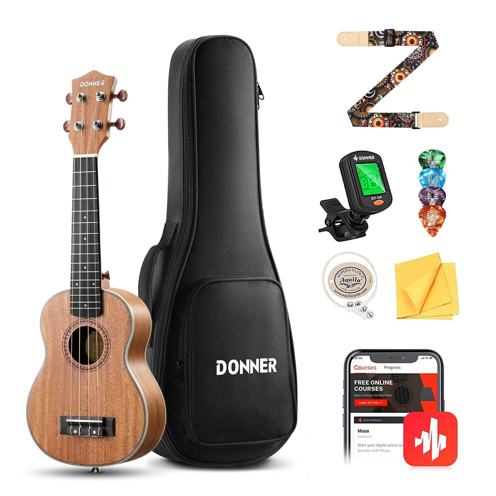 Donner Soprano Ukulele Mahogany Wood 21 inch Ukelele Beginner Kit with Free Online Lesson Gig Bag Strap Nylon String Tuner Picks Ukalalee Yukalalee Bundle Pack DUS-200