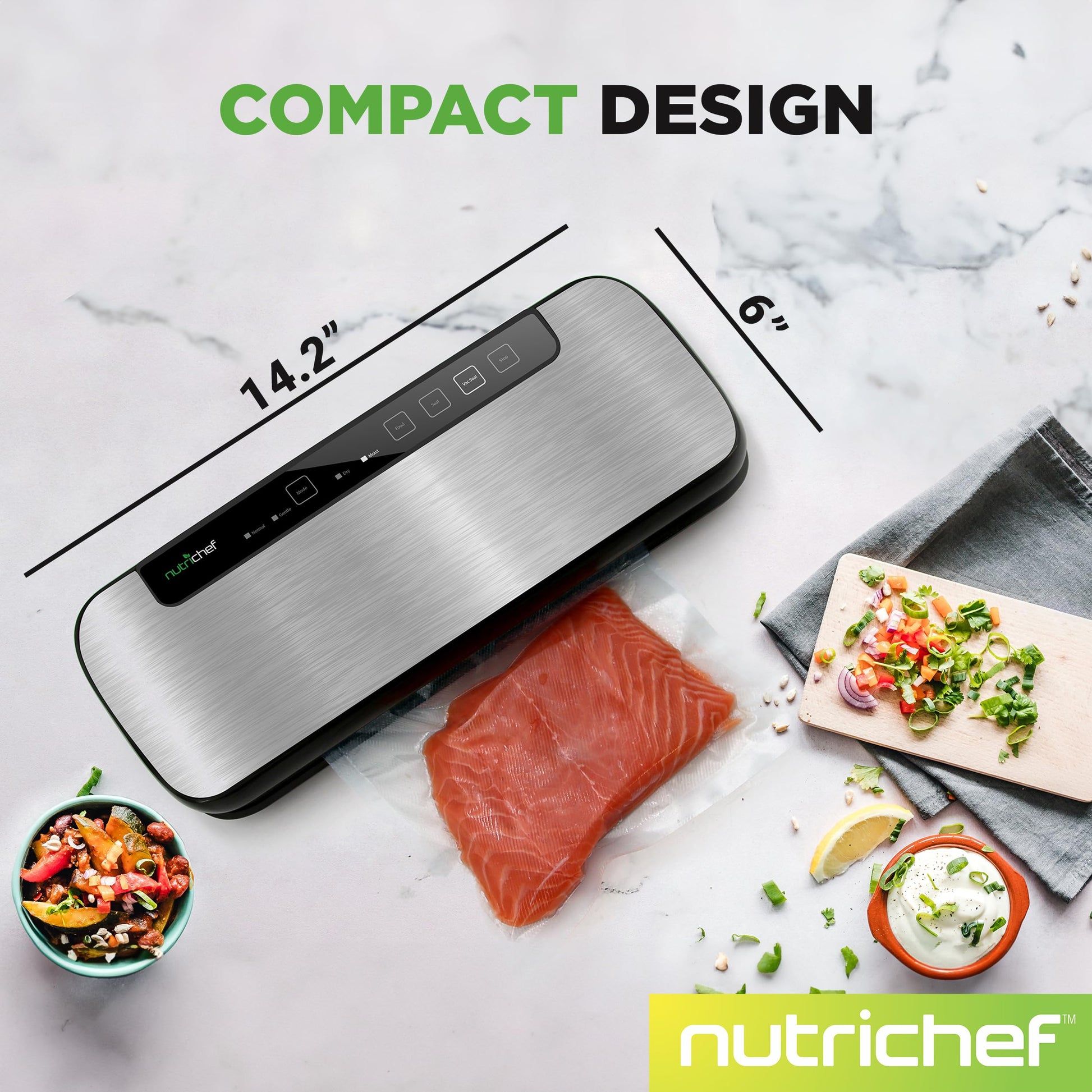 NutriChef Automatic Vacuum Air Sealing System for Food Preservation with Starter Kit, Compact Design, Lab Tested, Dry &amp; Moist Food Modes with Led Indicator Lights, Black