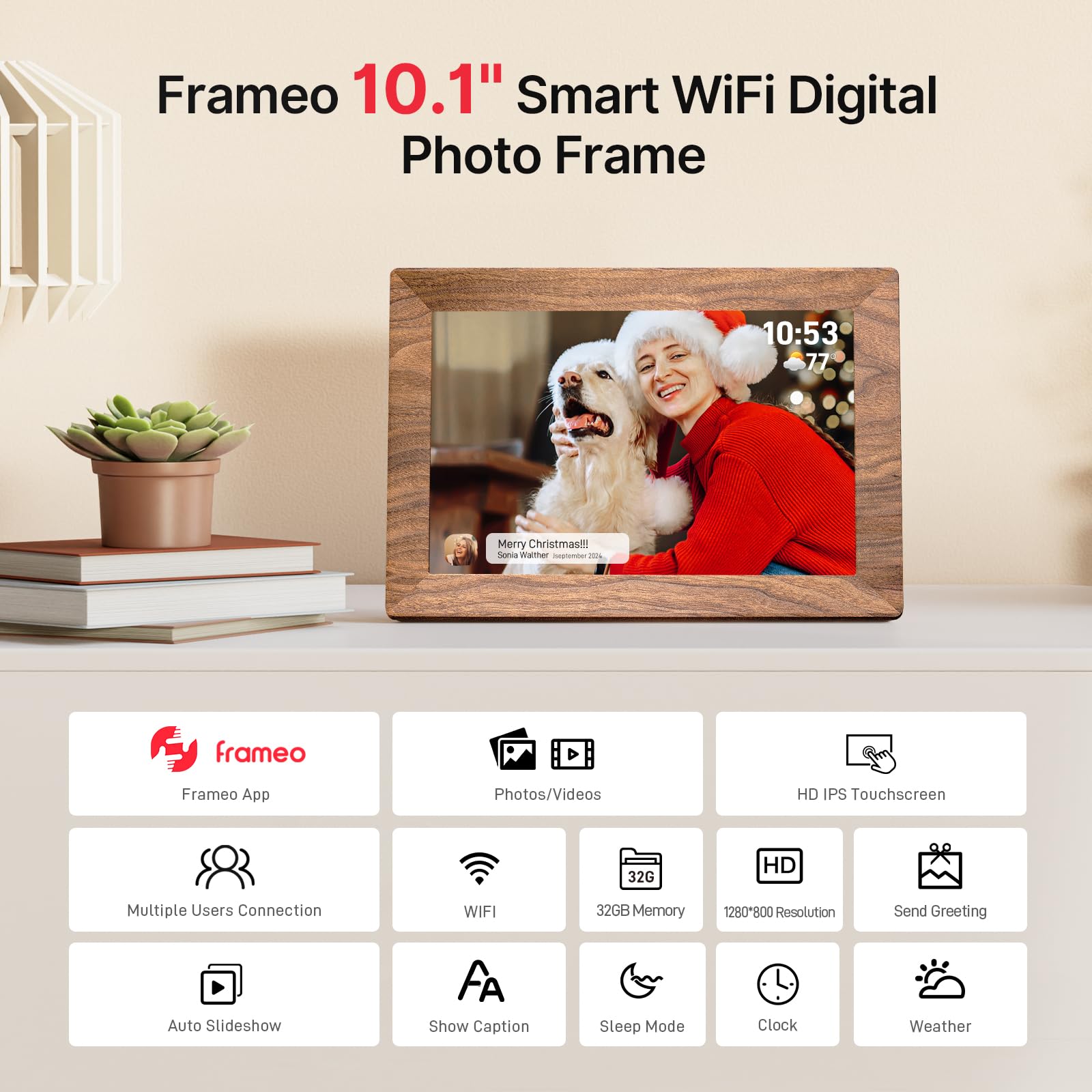 Frameo 10.1 Inch WiFi Digital Picture Frame, Smart Cloud Electronic Photo Frame with HD IPS Touch Screen Slideshow 32GB Memory Auto-Rotate Wall Mount, Share Photos/Videos from Phone by Frameo App