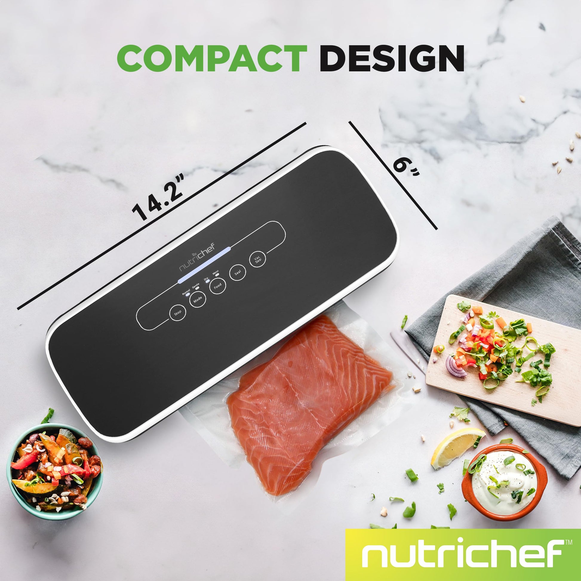 NutriChef Automatic Vacuum Air Sealing System for Food Preservation with Starter Kit, Compact Design, Lab Tested, Dry &amp; Moist Food Modes with Led Indicator Lights, Black