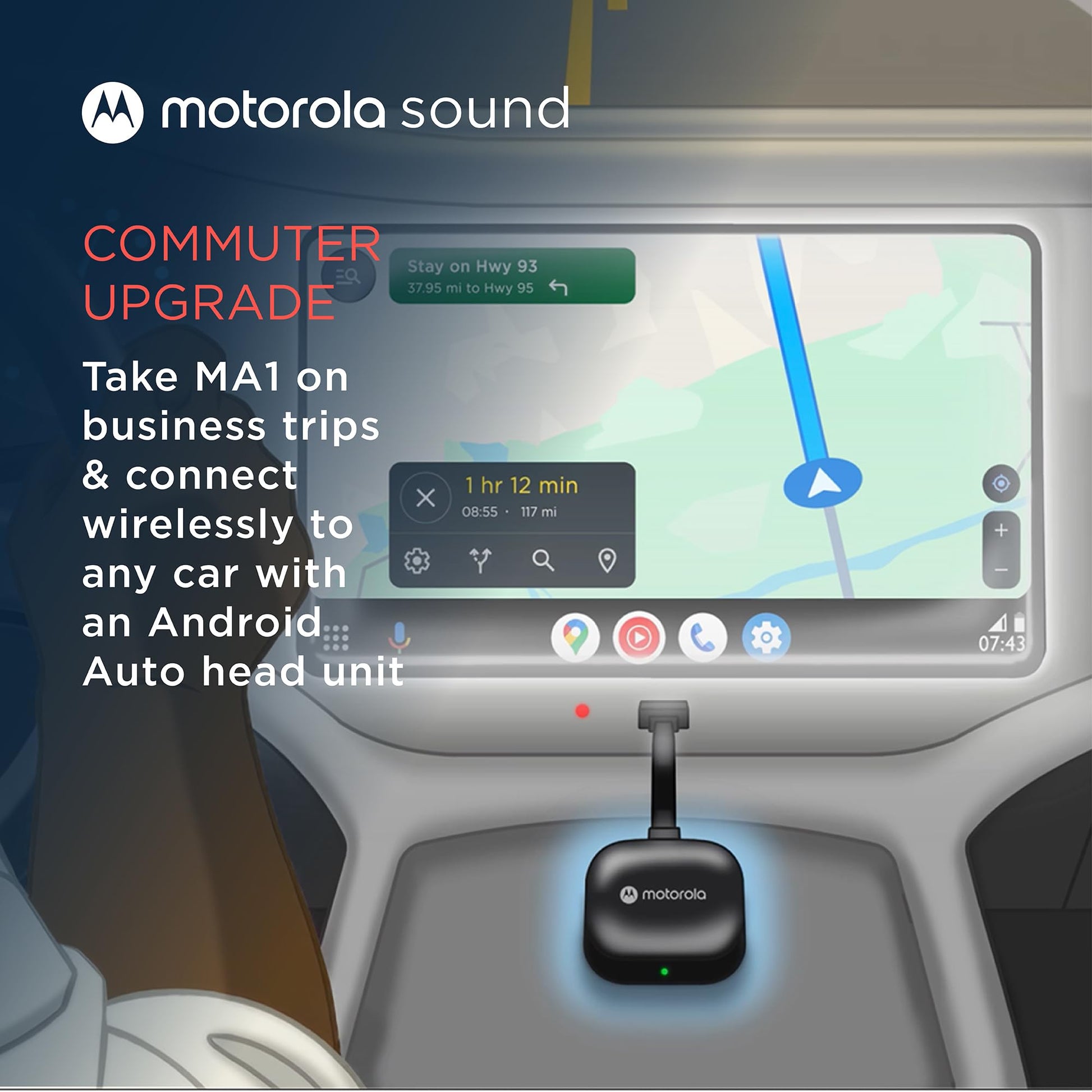 Motorola MA1 Wireless Android Auto Car Adapter - Instant Connection Using Google-Licensed Bridge Technology from Smartphone to Screen - USB Type-A Plug-in - Secure Gel Pad