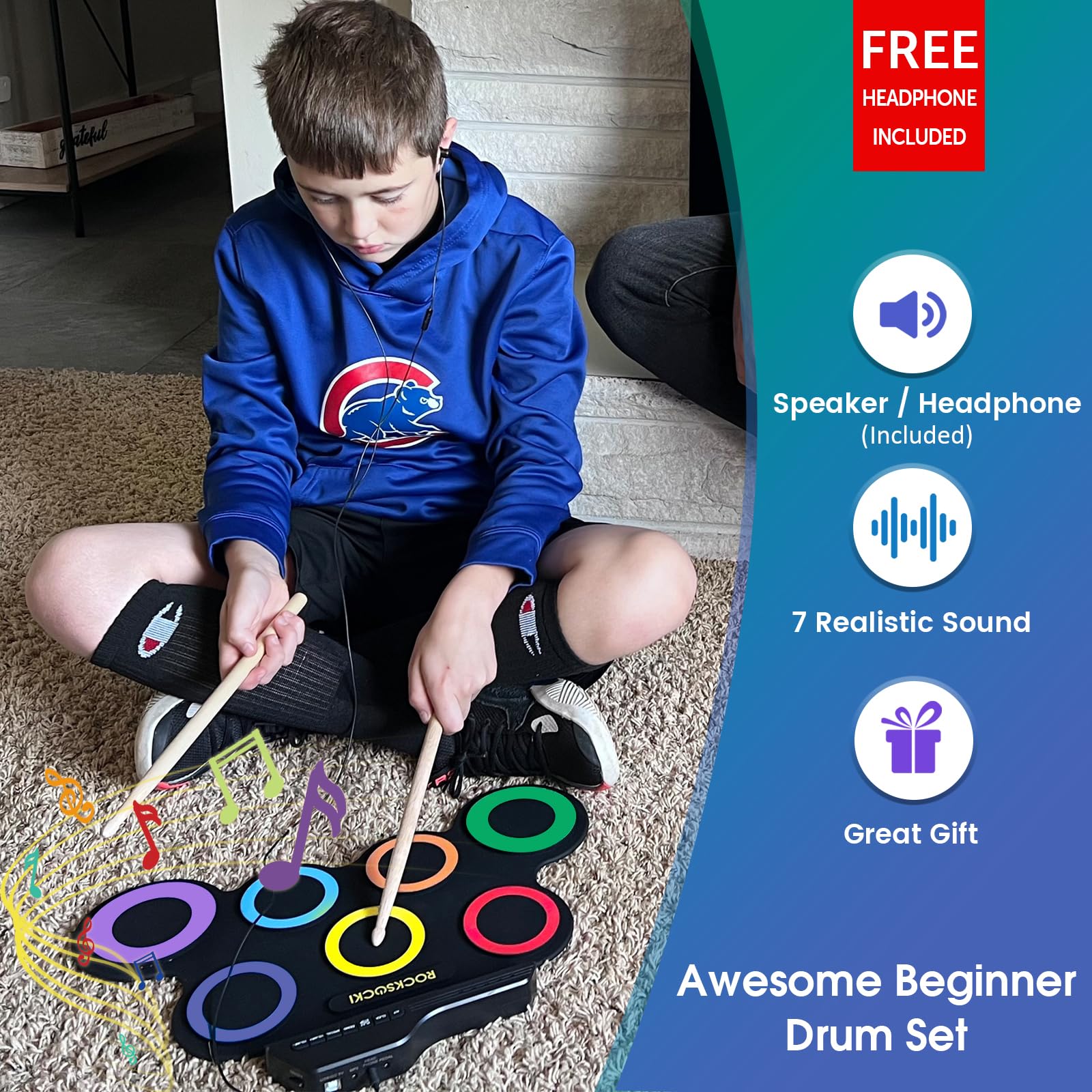 Electric Drum Set, 7-Pad Kids Electronic Drum Set with Headphone Included, Roll-up Drum Practice Pad, Great Holiday Xmas Birthday Gift for Kids