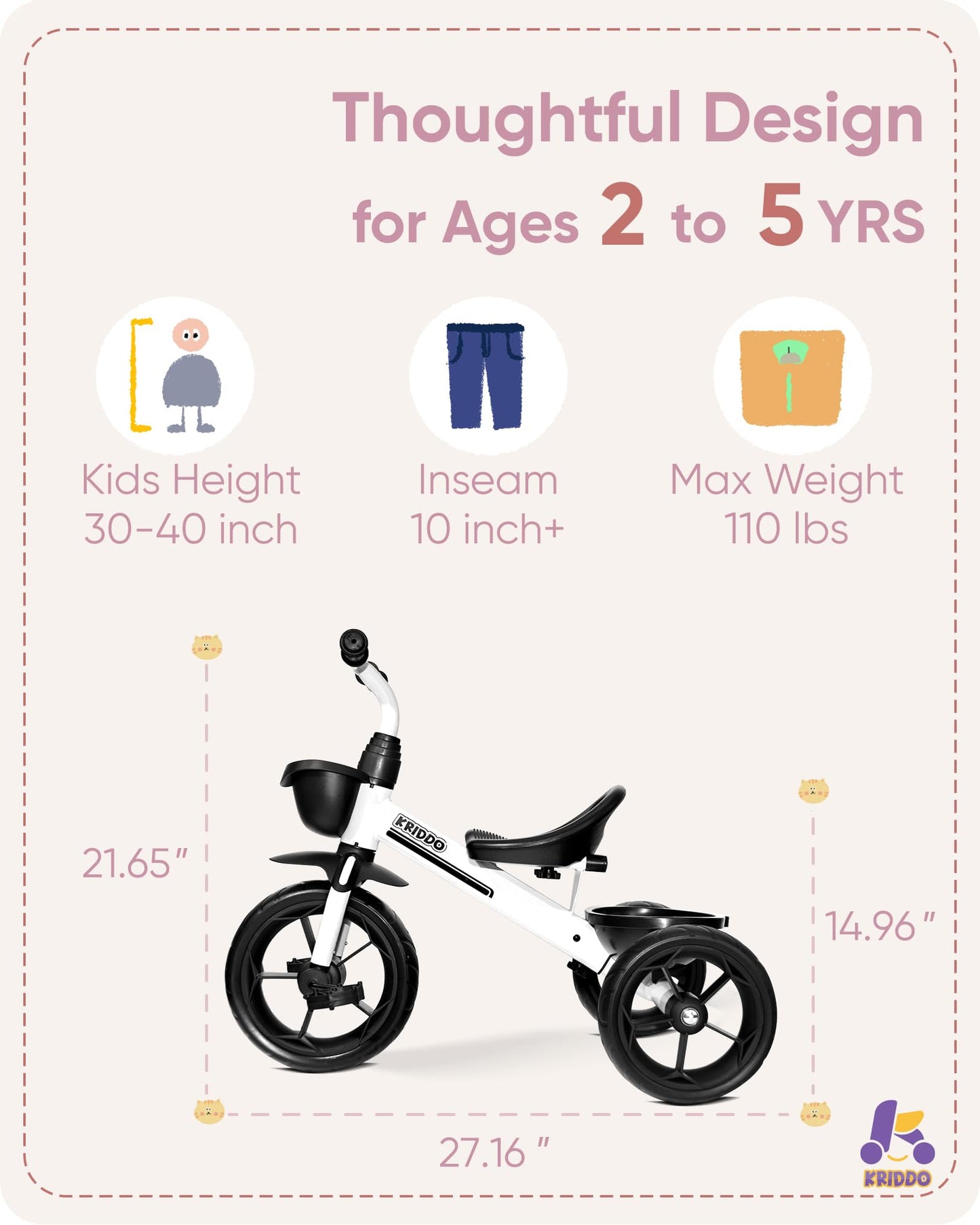 KRIDDO Kids Tricycle for 2-5 Year Olds - Gift for Toddlers - Black