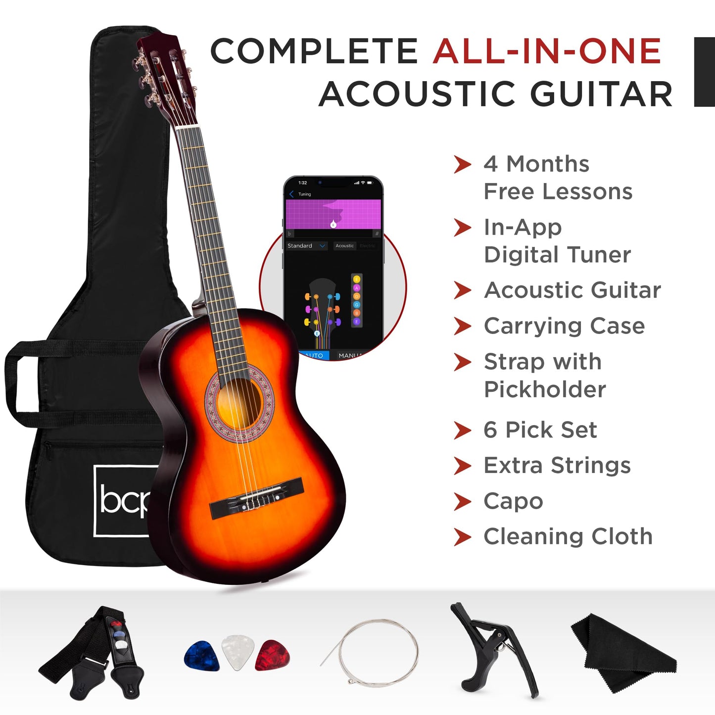 Best Choice Products 30in Kids Acoustic Guitar, All-in-One Beginner Starter Kit w/Strap, Case, Extra Strings, Rosette Inlay - Black