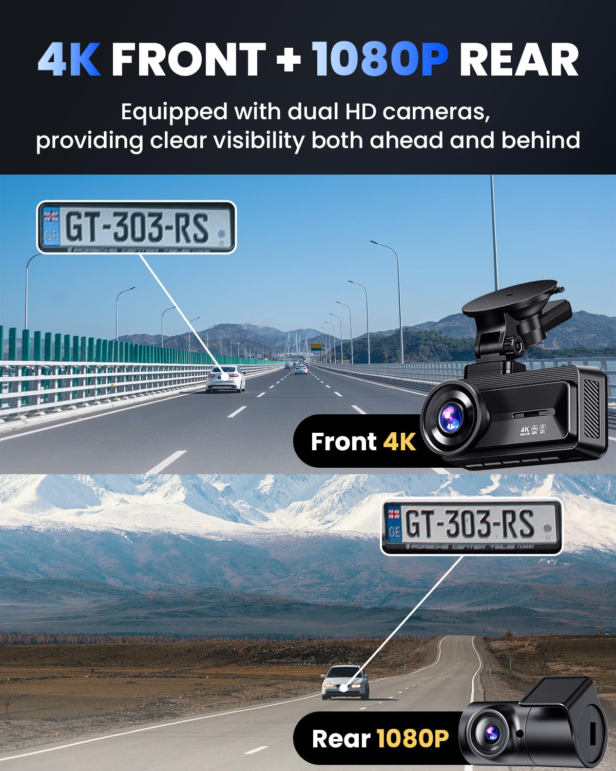 Dash Cam Front and Rear, 4K Full HD Dual Dash Camera for Cars Built-in 5G WiFi GPS, 64GB Card, Car Camera with 3" IPS Screen, UHD 2160P Night Vision, HDR, App Control, 24H Parking Monitor