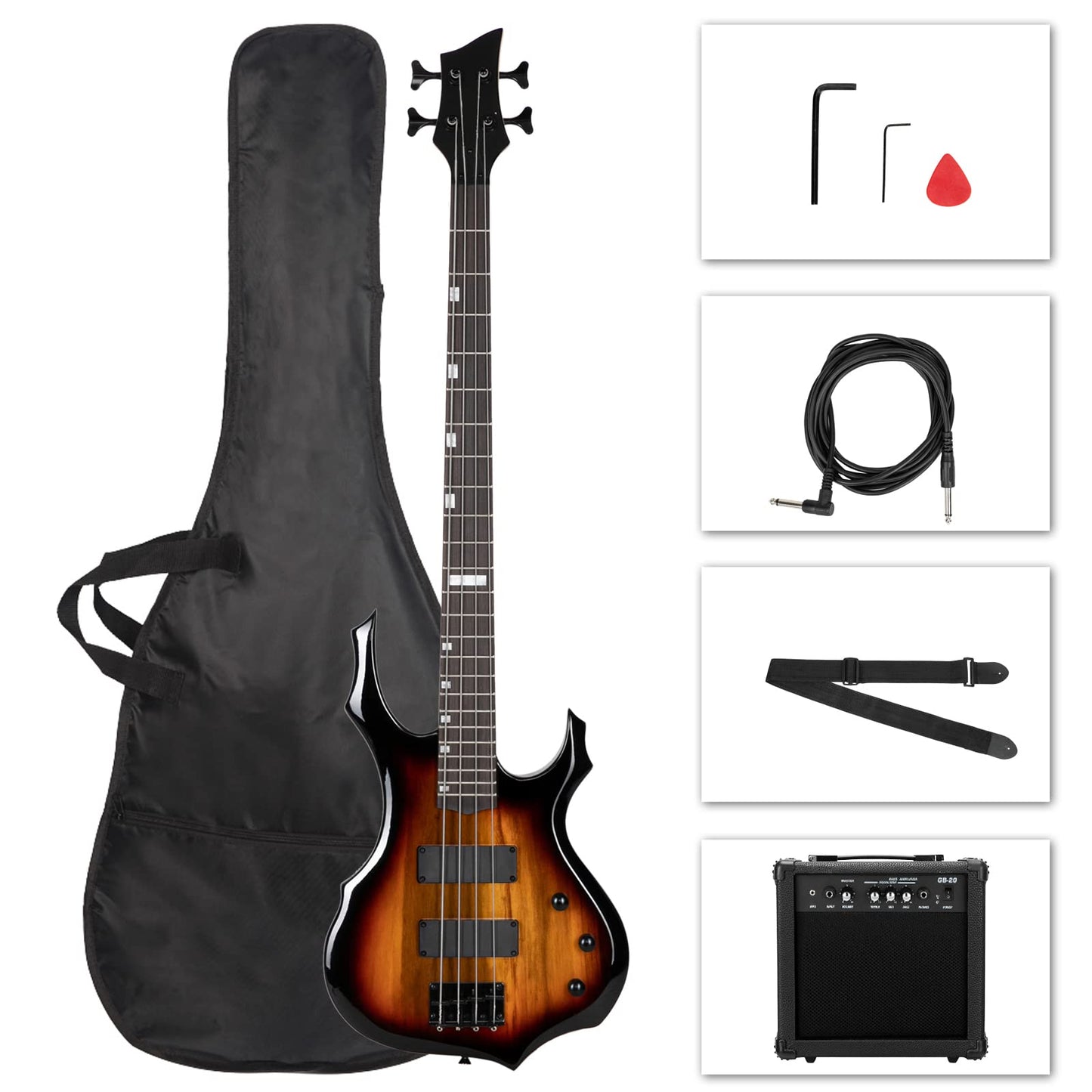 Ktaxon Electric Bass Guitar Full Size Flame Design Bass Set with 20 Watt Amplifier, Portable Bass Bag, Superior Amp Wire, Adjustable Guitar Strap, Plectrum, Wrench Tool(Black)