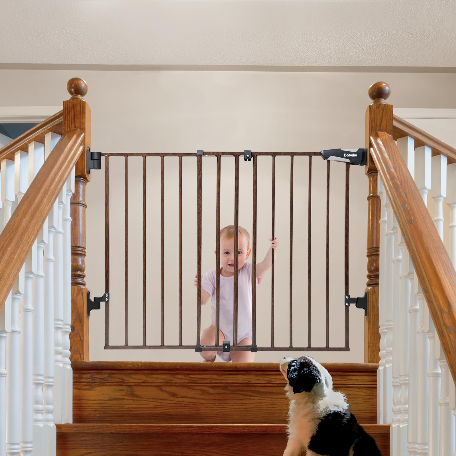 Babelio 26-43" No Bottom Bar Baby Gate for Babies, Elders and Pets, 2-in-1 Hardware Mount Dog Gate for The House, Stairs and Doorways, with Large Walk Thru Door, Black