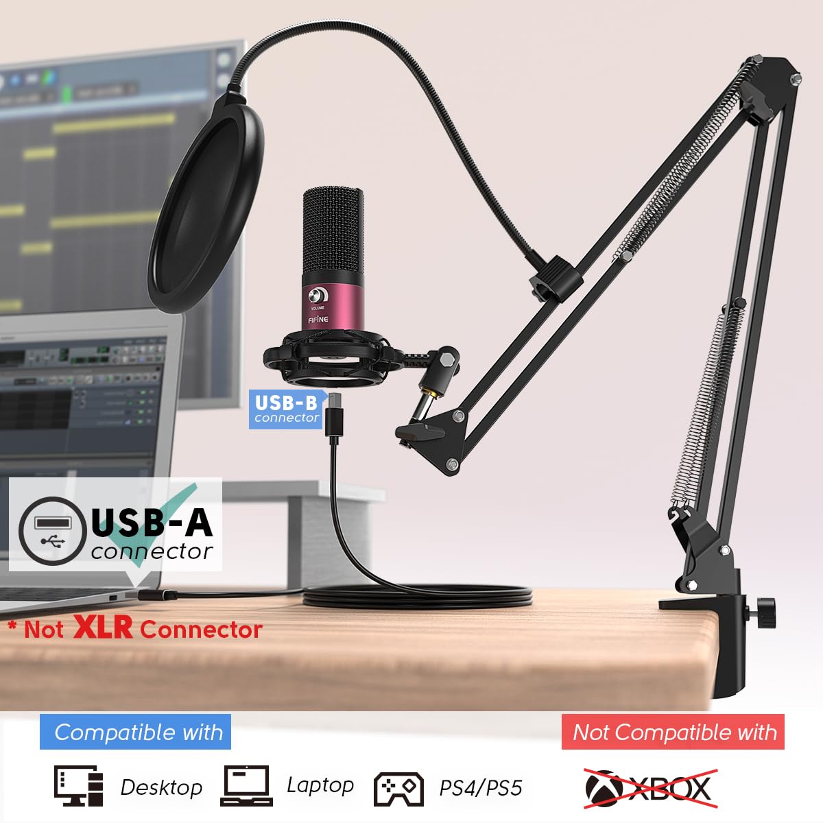 FIFINE Studio Condenser USB Microphone Computer PC Microphone Kit with Adjustable Boom Arm Stand Shock Mount for Instruments Voice Overs Recording Podcasting YouTube Vocal Gaming Streaming-T669