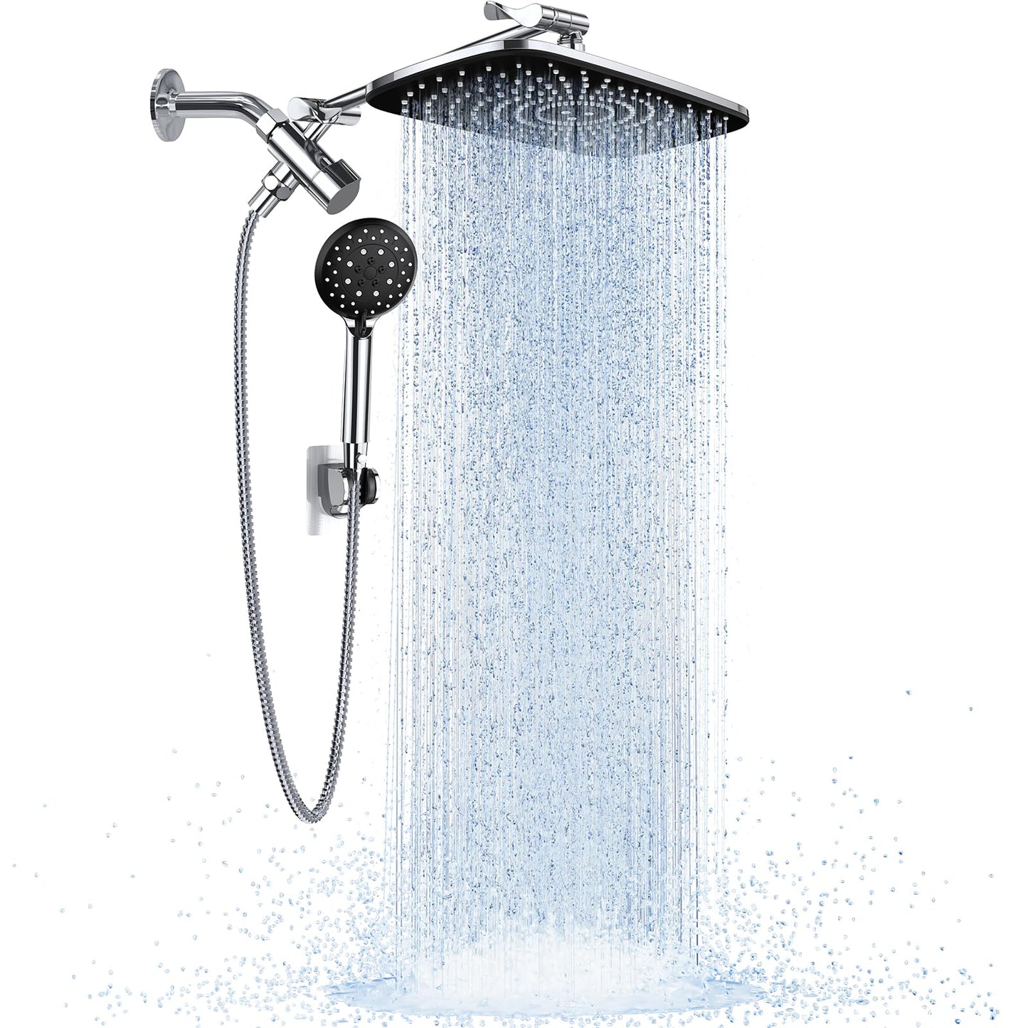 Veken High Pressure Rain Shower Head Combo with Extension Arm- Wide Showerhead with 6 Handheld Water Spray - Adjustable Dual Shower with Anti-Clog Nozzles - Silver Chrome