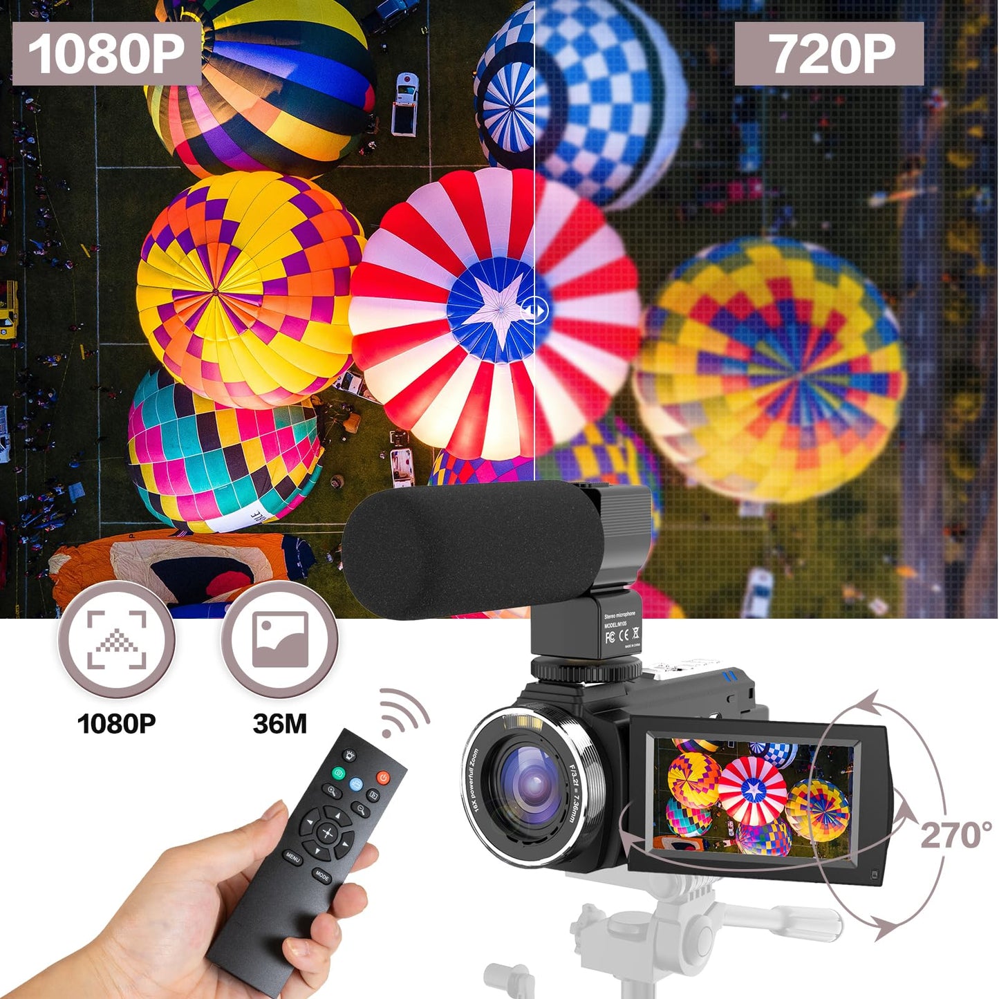 Video Camera Camcorder,HD 1080P 30FPS 36MP 270 Degree Rotation,16X Zoom Digital Camera, Night Vision Vlogging Camera for YouTube with External Microphone,Lens Hood, Remote Control, Stabilizer