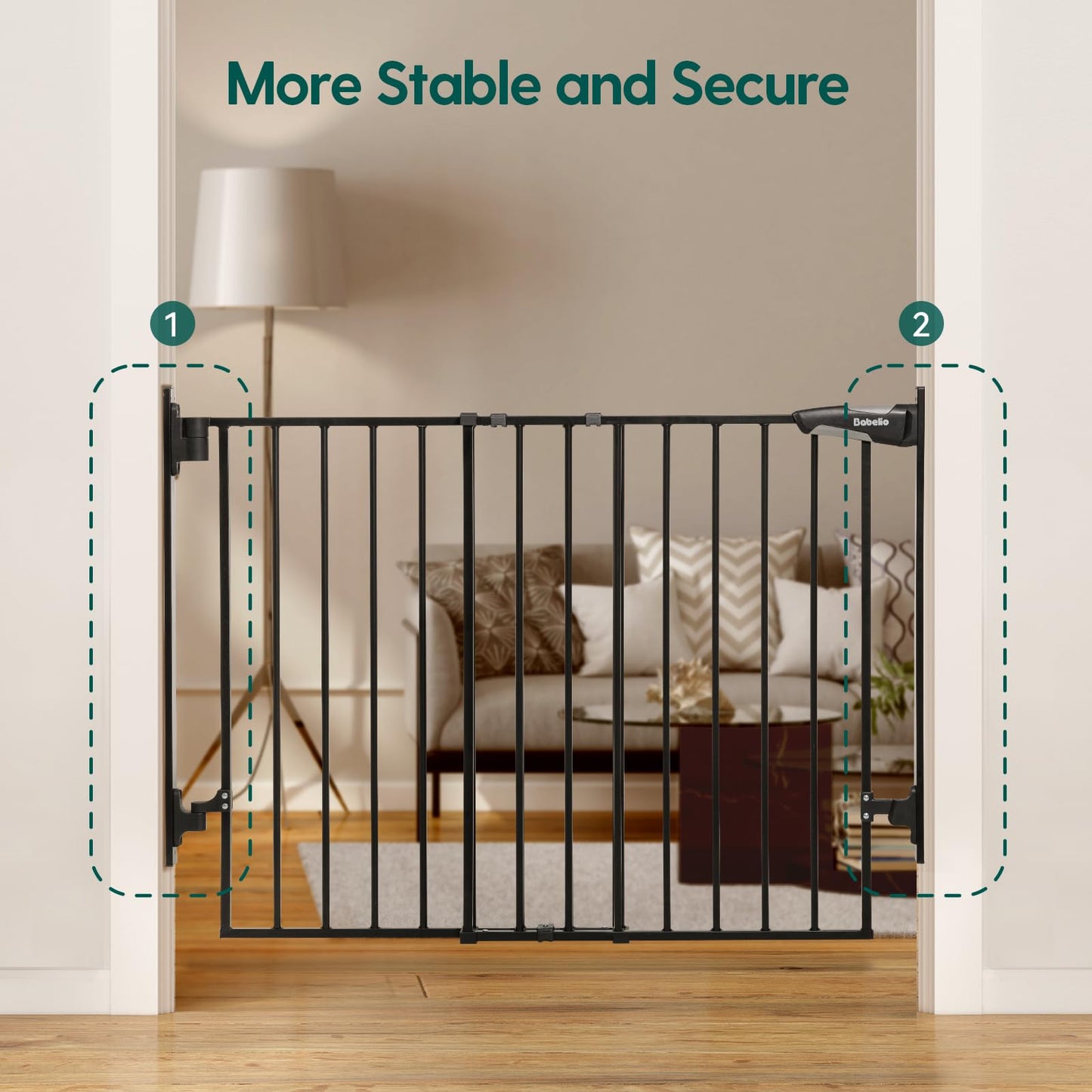 Babelio 26-43" No Bottom Bar Baby Gate for Babies, Elders and Pets, 2-in-1 Hardware Mount Dog Gate for The House, Stairs and Doorways, with Large Walk Thru Door, Black