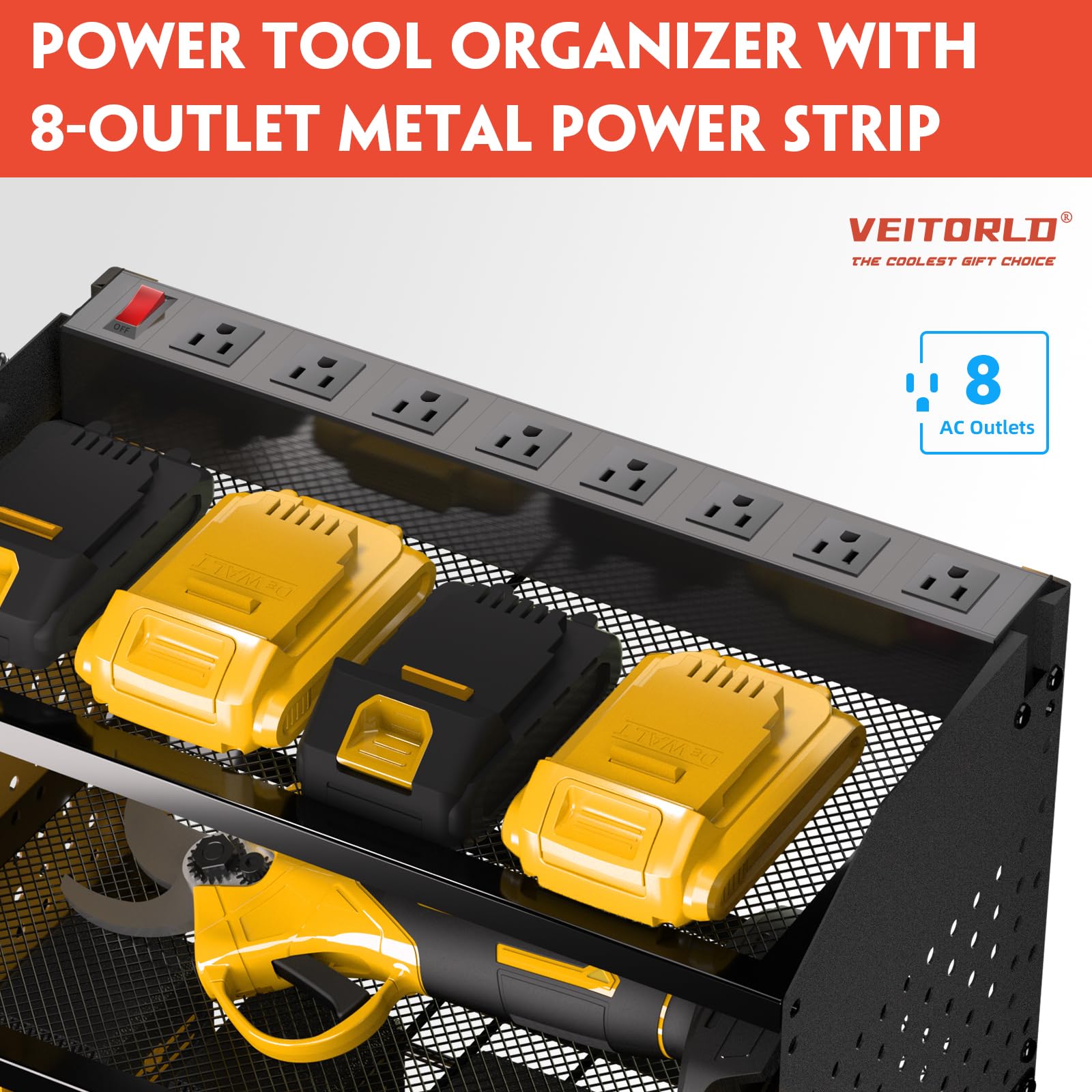 Veitorld Power Tool Organizer with Charging Station, Garage Tool Storage Organizer Built in 8 Outlet Power Strip with Drawers, 6 Drill Holder Wall Mount, Gifts for Men Dad Husband Him Fathers Day