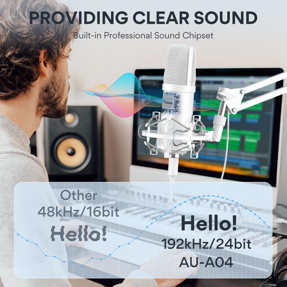 USB Microphone, MAONO 192KHZ/24Bit Plug &amp; Play PC Computer Podcast Condenser Cardioid Metal Mic Kit with Professional Sound Chipset for Recording, Gaming, Singing, YouTube (AU-A04)