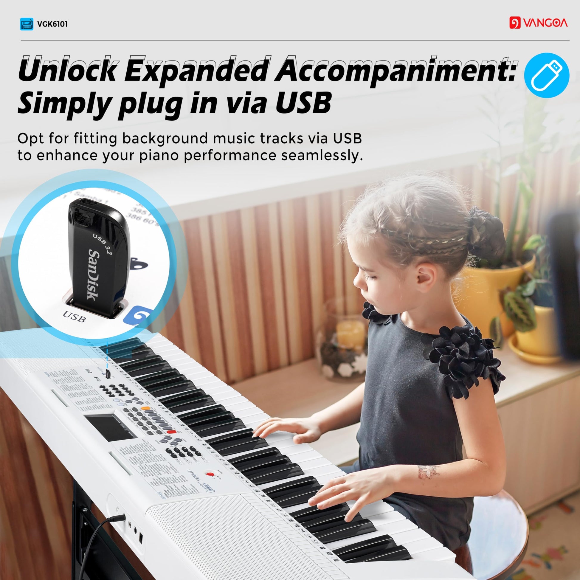 Vangoa 61-Key Light-Up Keyboard Piano for Beginners, 350 Tones &amp; Timbres, 3 Teaching Modes, With Microphone, Black