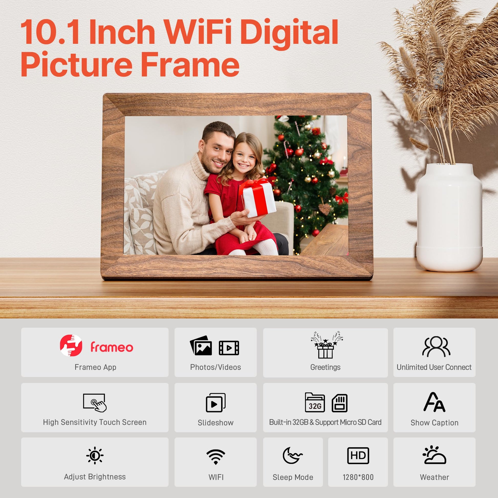 Frameo 10.1" WiFi Digital Picture Frame with 32GB Memory, 1280 x 800 IPS HD Touch Screen Electronic Photo Frame, Auto-Rotate, Slideshow, Wall Mountable, Share Photos/Video Remotely Anywhere