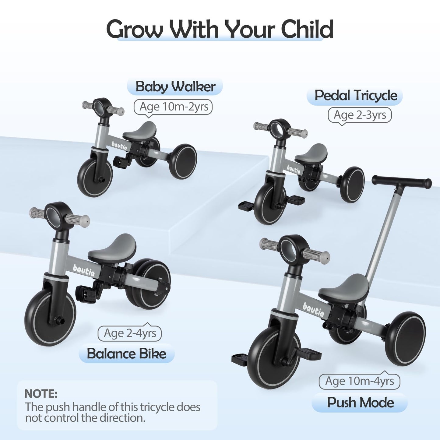 Tricycle for Toddlers 1-3 with Push Handle, 5 in 1 Baby Balance Bike for 1-4 Years Old Kids Toy, Boys Girls Bicycle Gift with Removable Pedals, Black (No Parent Steering Version)