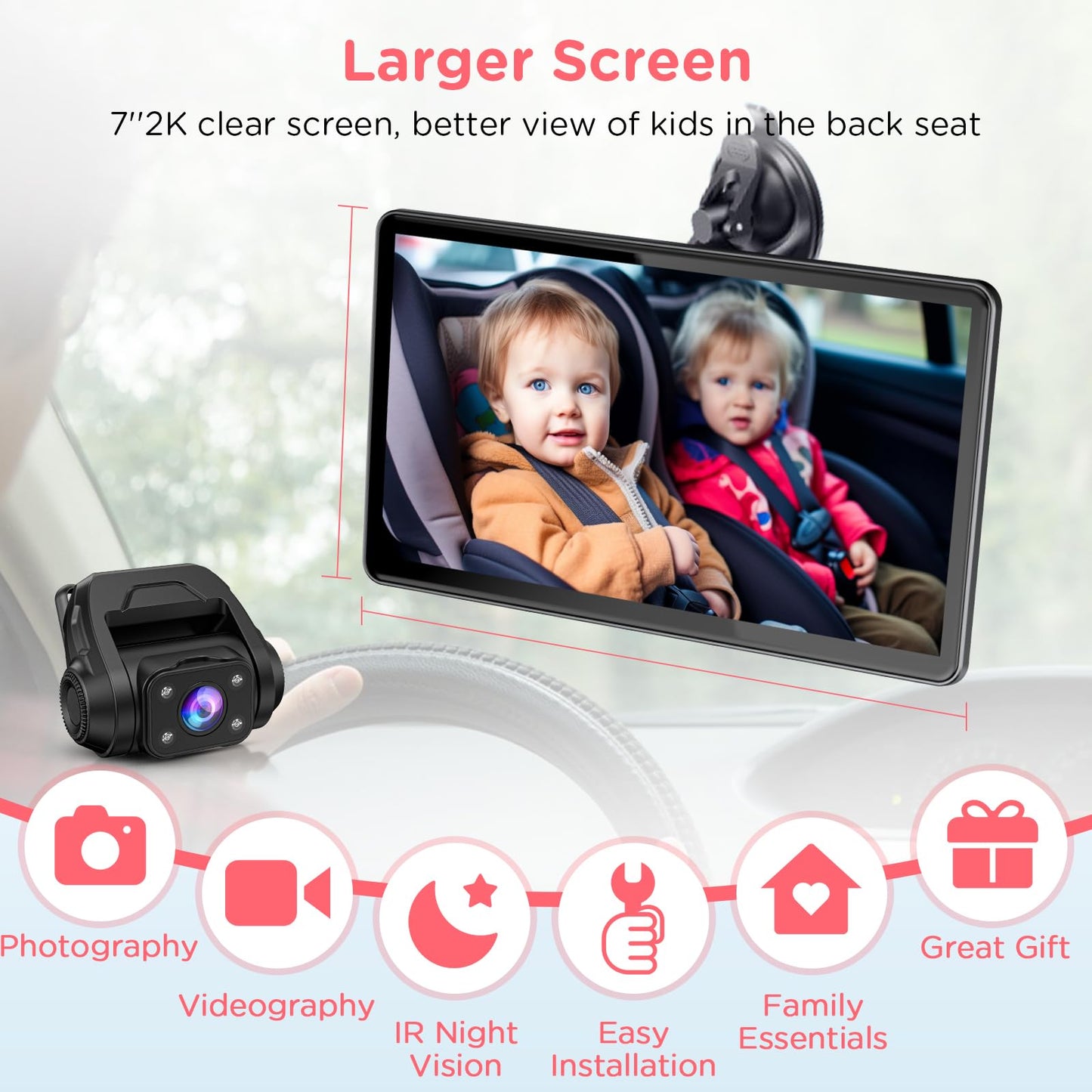 Baby Car Camera, 7'' 2K Mirror Monitor with Night Vision, Video Recording, and 3X Zoom for Clear Wide View of Rear-Facing Seat