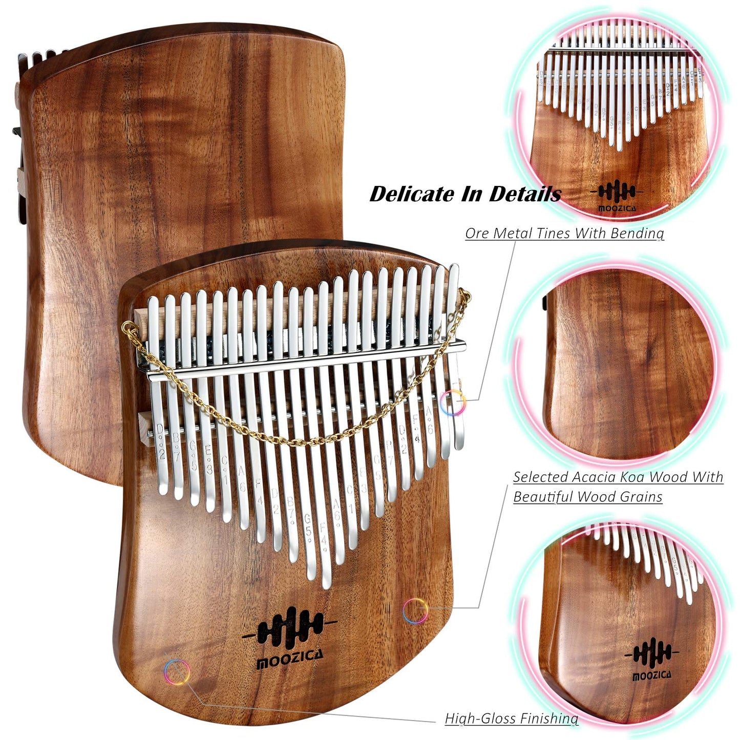 MOOZICA 21 Keys Solid Koa Kalimba Thumb Piano, Single Solid Wood Flat-board Professional Kalimba Marimba with Learning Instruction and High Performance Carrying Case (Acacia Koa, 21-Key)