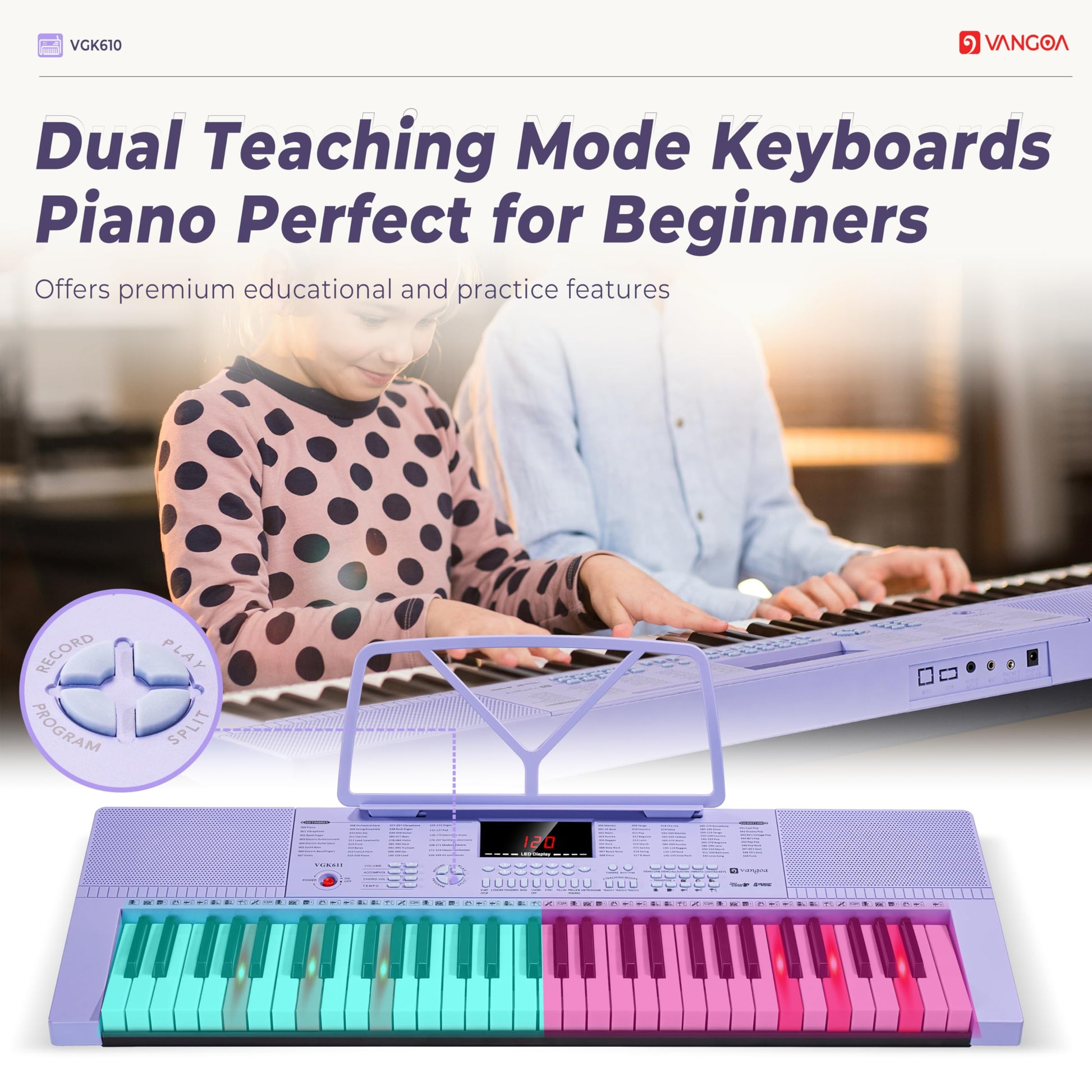 Vangoa 61-Key Light-Up Keyboard Piano for Beginners, 350 Tones &amp; Timbres, 3 Teaching Modes, With Microphone, Black