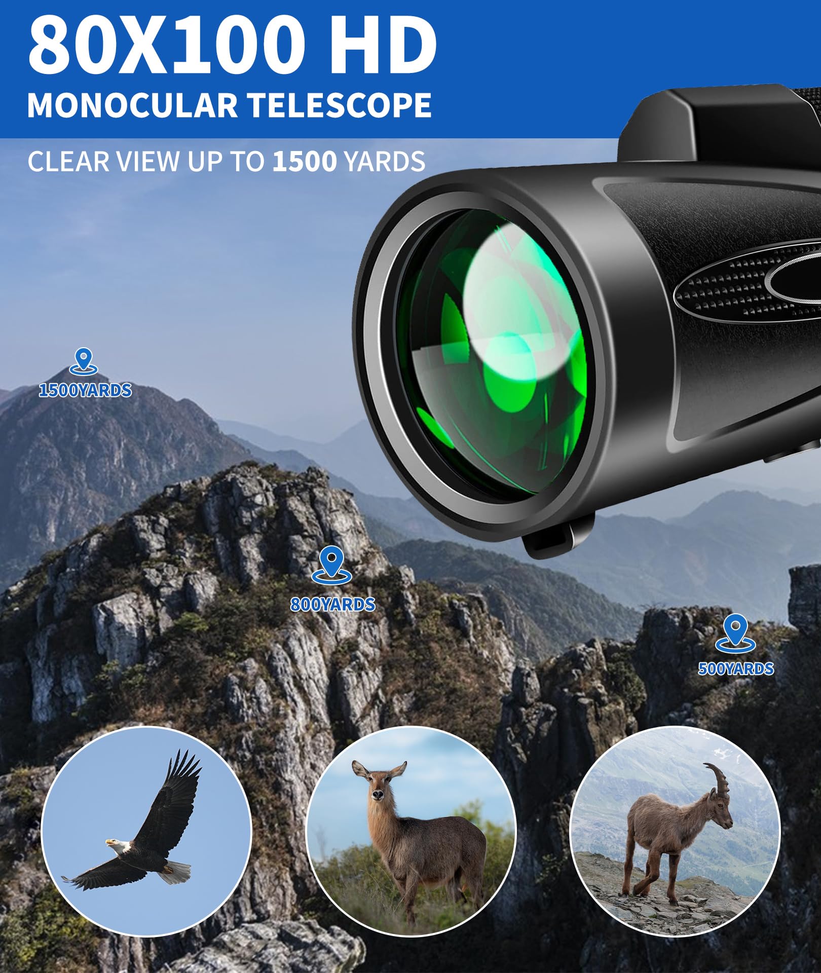 Monocular Telescope 80x100 High Power with Smartphone Adapter Tripod,Larger Vision Monoculars for Adults with BAK4 Prism &amp; FMC Lens, Suitable for Bird Watching Hunting Hiking Camping Wildlife-Black