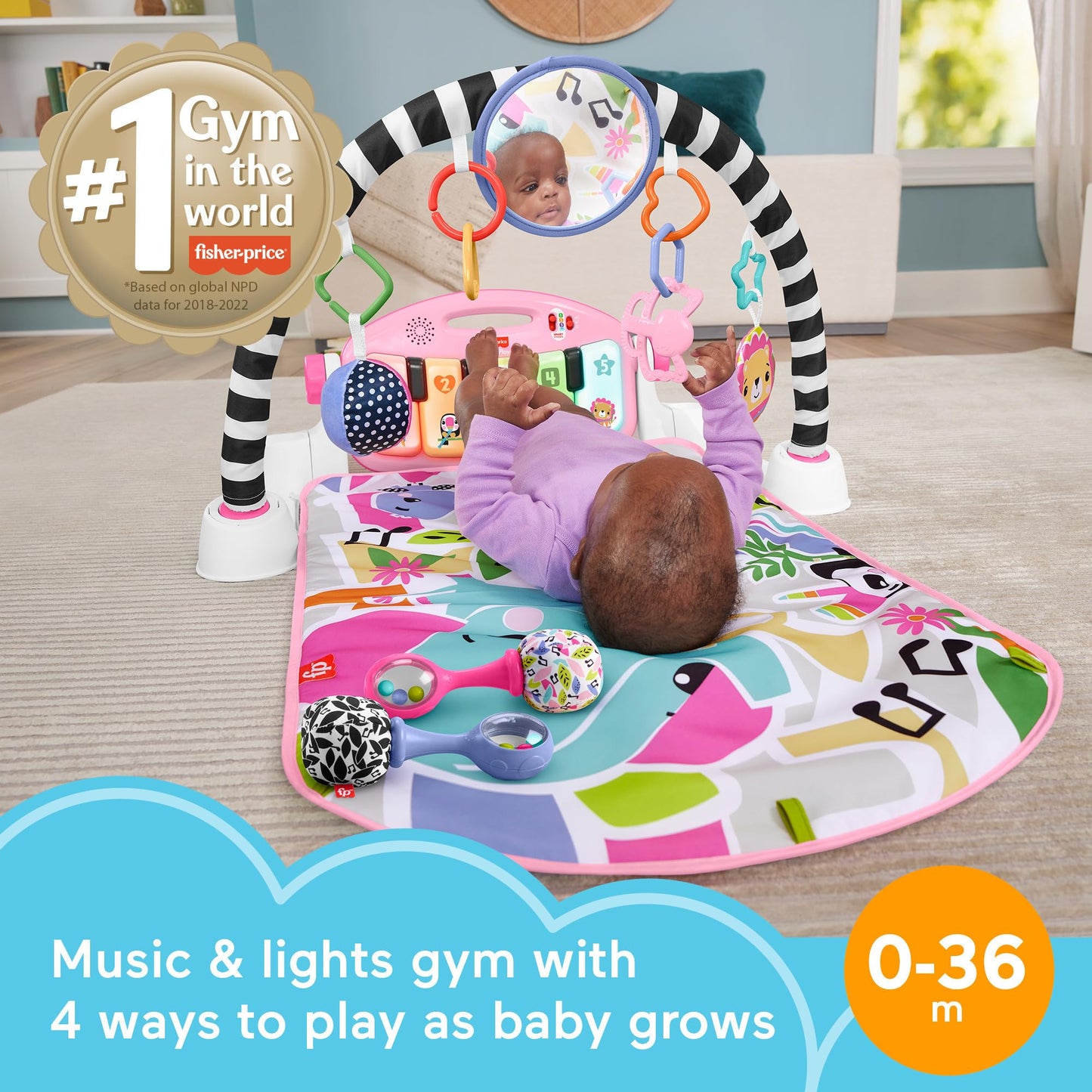 Fisher-Price Baby Gift Set Glow and Grow Kick &amp; Play Piano Gym Blue Playmat &amp; Musical Learning Toy with 2 Rattle Maracas for Newborns Ages 0+ Months