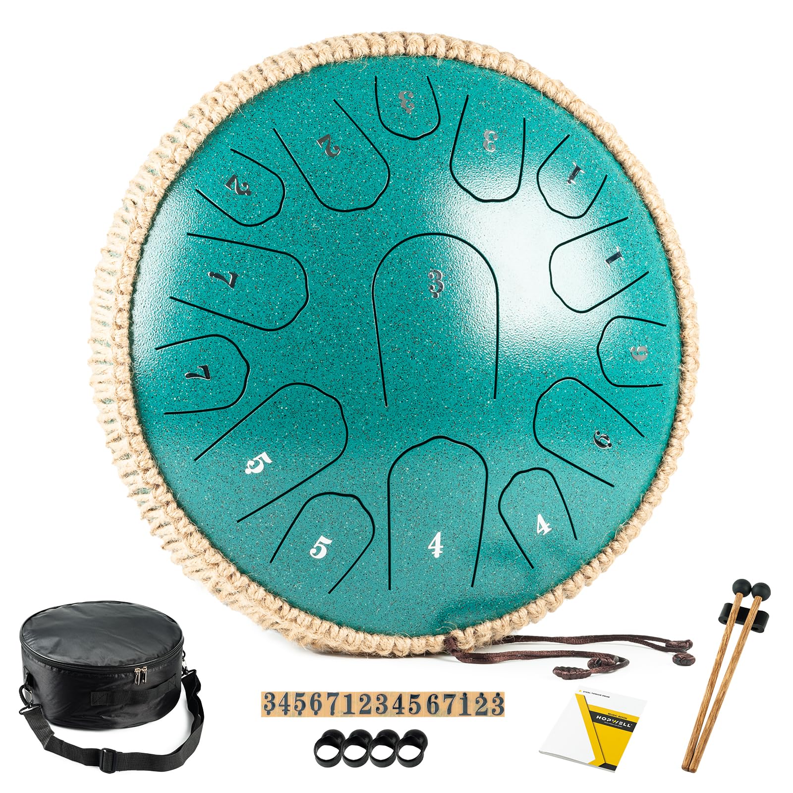 Steel Tongue Drum - 13 Inches 15 Notes Tongue Drum - Hand Pan Drum with Music Book, Handpan Drum Mallets and Carry Bag, D Major (Malachite Green)