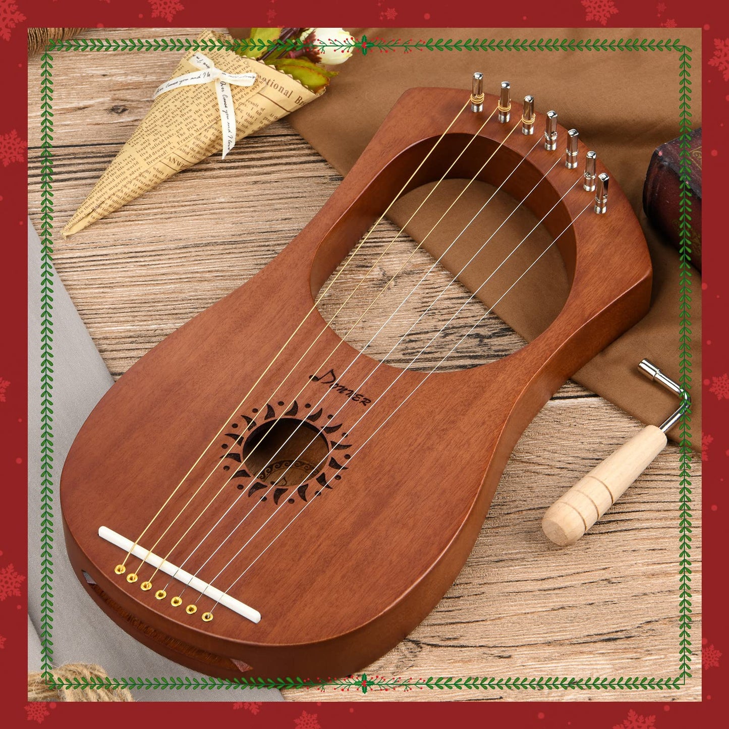 Donner Lyre Harp, 7 Metal Strings, Mahogany Body and Bone Saddle DLH-001 Lyre Harp for Beginner Kids with Tuning Wrench, Spare String Set, Black Gig Bag, Manual, Ancient Greece Style