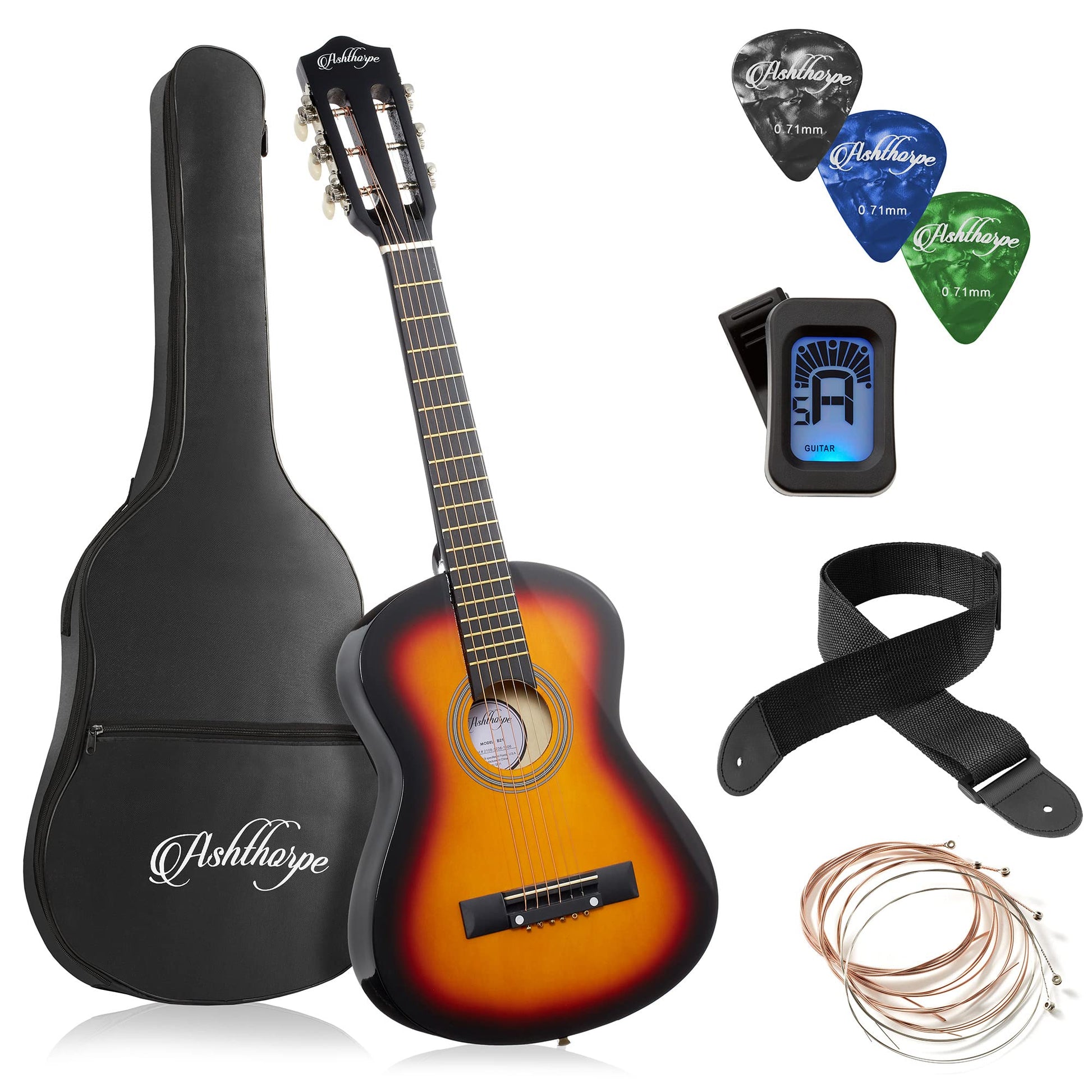 Ashthorpe 30-inch Beginner Acoustic Guitar Package (Black), Basic Starter Kit w/Gig Bag, Strings, Strap, Tuner, Picks