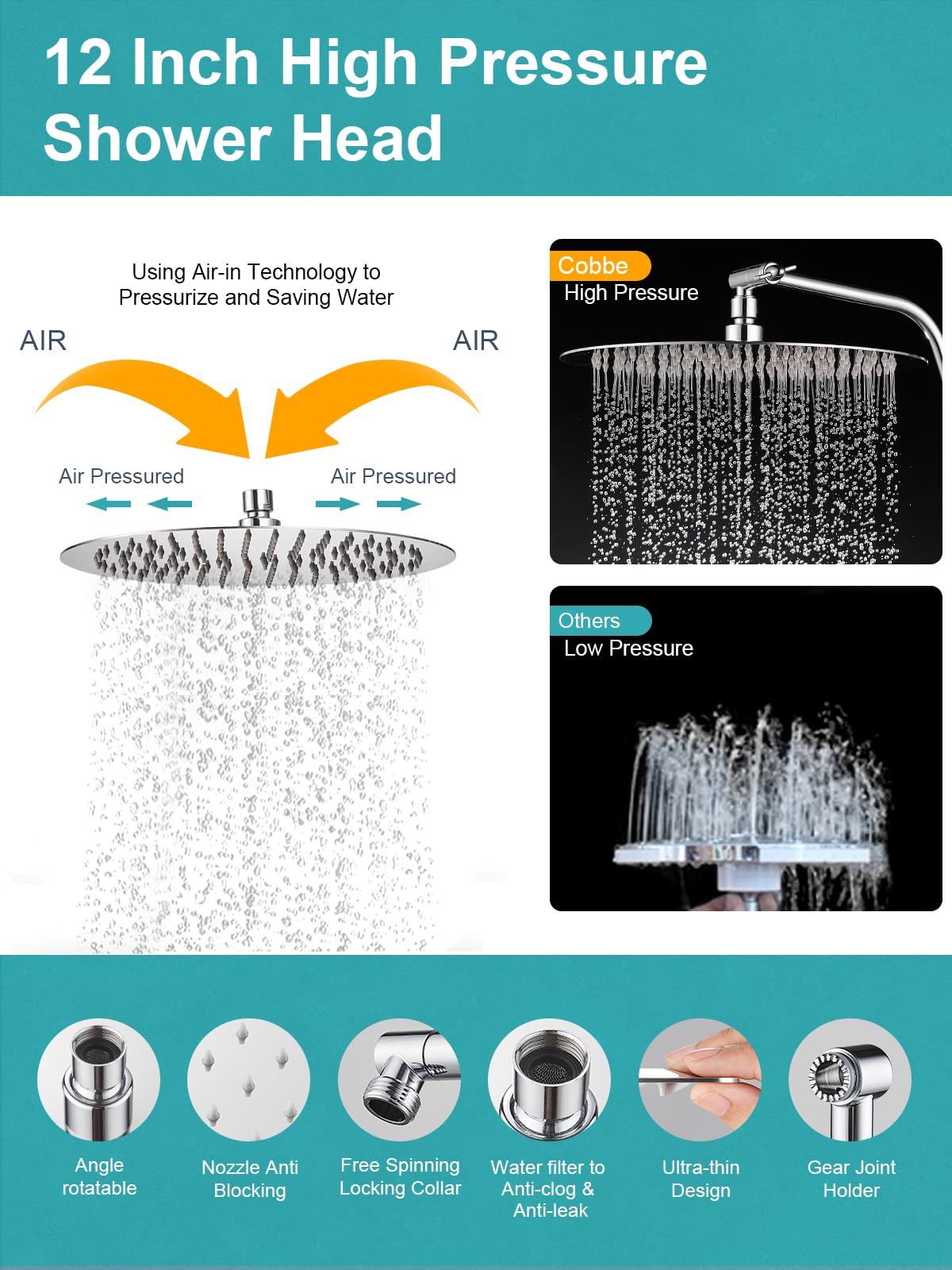 Cobbe 12 Inch All Metal Rain Shower Head, Dual Shower Heads with Handheld Spray Combo - Upgrade Extension Arm Height Adjustable - 9 Spray Filtered Shower Head, Brushed Nickel