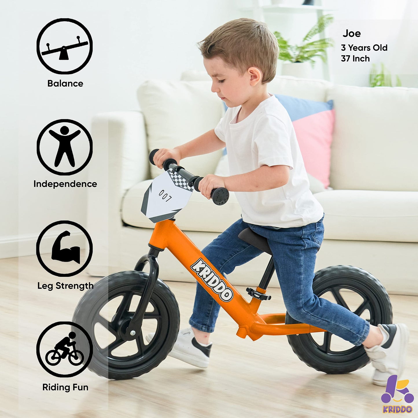 KRIDDO Toddler Balance Bike 2 Year Old, Age 24 Months to 5 Years Old, 12 Inch Push Bicycle with Customize Plate (3 Sets of Stickers Included), Steady Balancing, Gift Bike for 2-3 Boys Girls