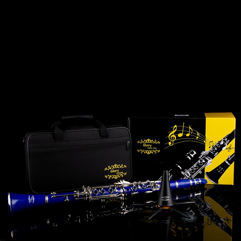 Glory GLY-CLADBL Professional Ebonite Bb Clarinet with 10 Reeds, Stand, Hard Case, Cleaning Cloth, Cork Grease, Mouthpiece Brush and Pad Brush,Dark Blue/Silver