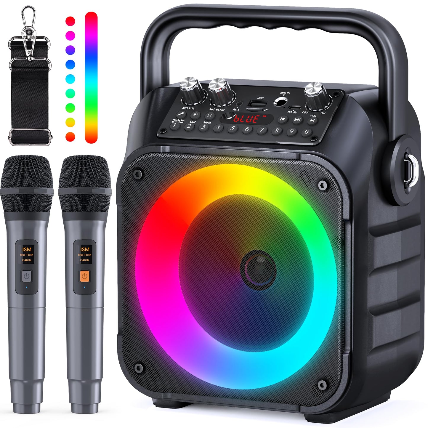 Karaoke Machine, Portable Bluetooth Speaker with 2 Wireless Microphones for Adults &amp; Kids with Lights, Karaoke Microphone with PA System Supports USB/TF/REC/FM/AUX for Home Party